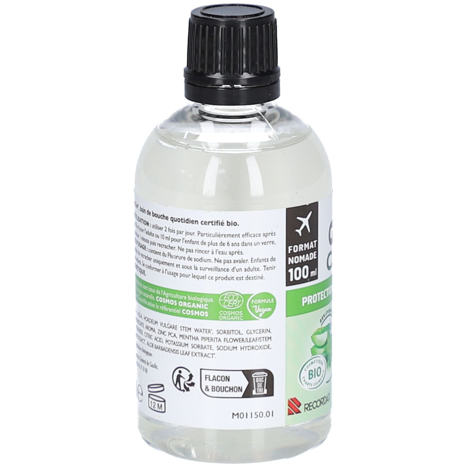 Dos d'une bouteille avec bouchon noir. Texte: ingrédients, mode d'emploi, certifications. Bouteille et bouchon sont représentés.