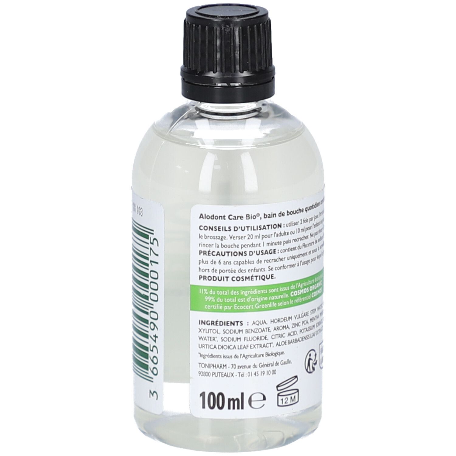 Dos d'une bouteille avec bouchon noir. Texte: mode d'emploi, ingrédients, informations fabricant. 100 ml.