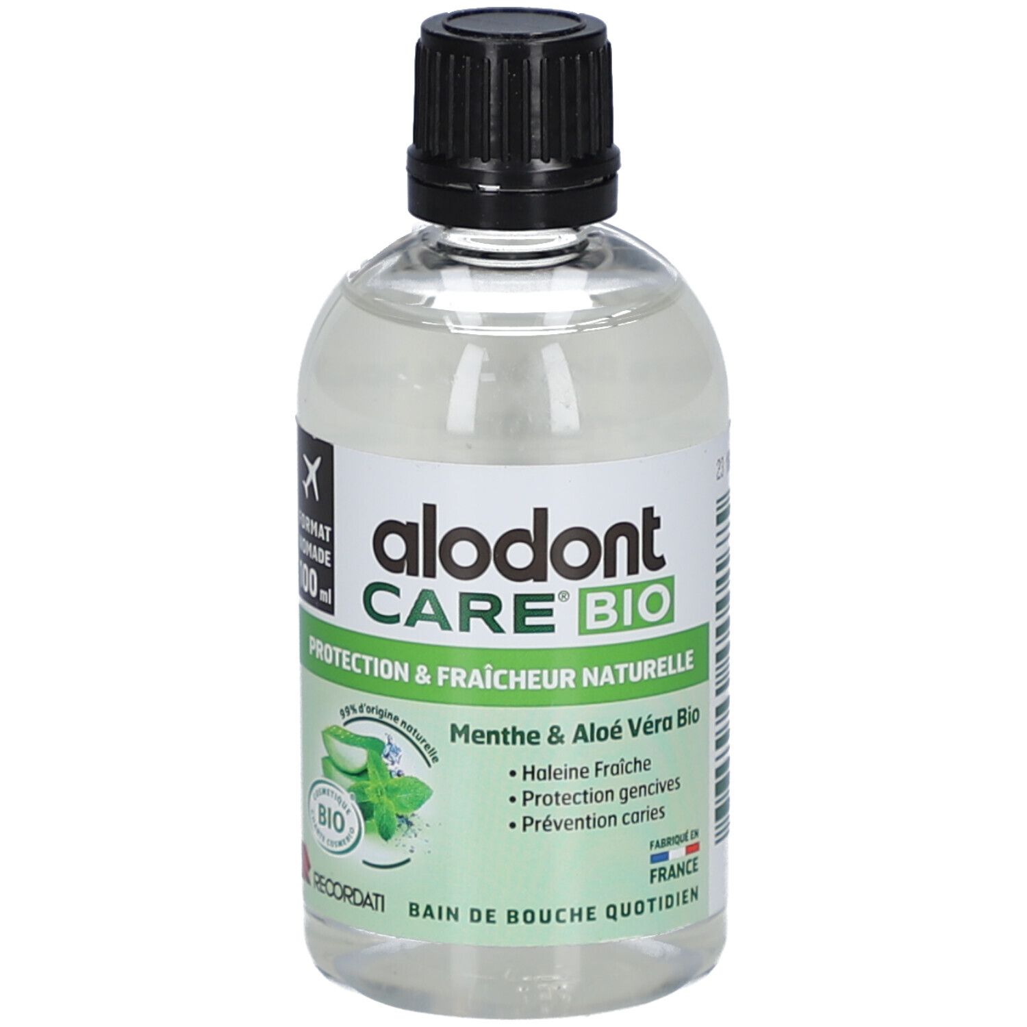 Flacon transparent avec bouchon noir. Inscription: alodont CARE BIO, Protection & fraîcheur naturelle. Contient de la menthe et de l'aloe vera. Fabriqué en France.