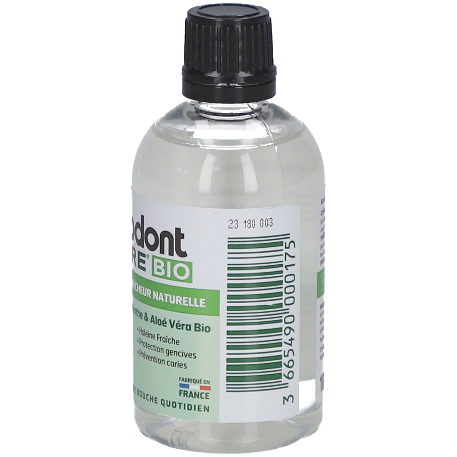 Dos d'une bouteille avec bouchon noir. Inscription: alodont CARE BIO, Protection & fraîcheur naturelle. Contient de la menthe et de l'aloe vera. Code-barres.