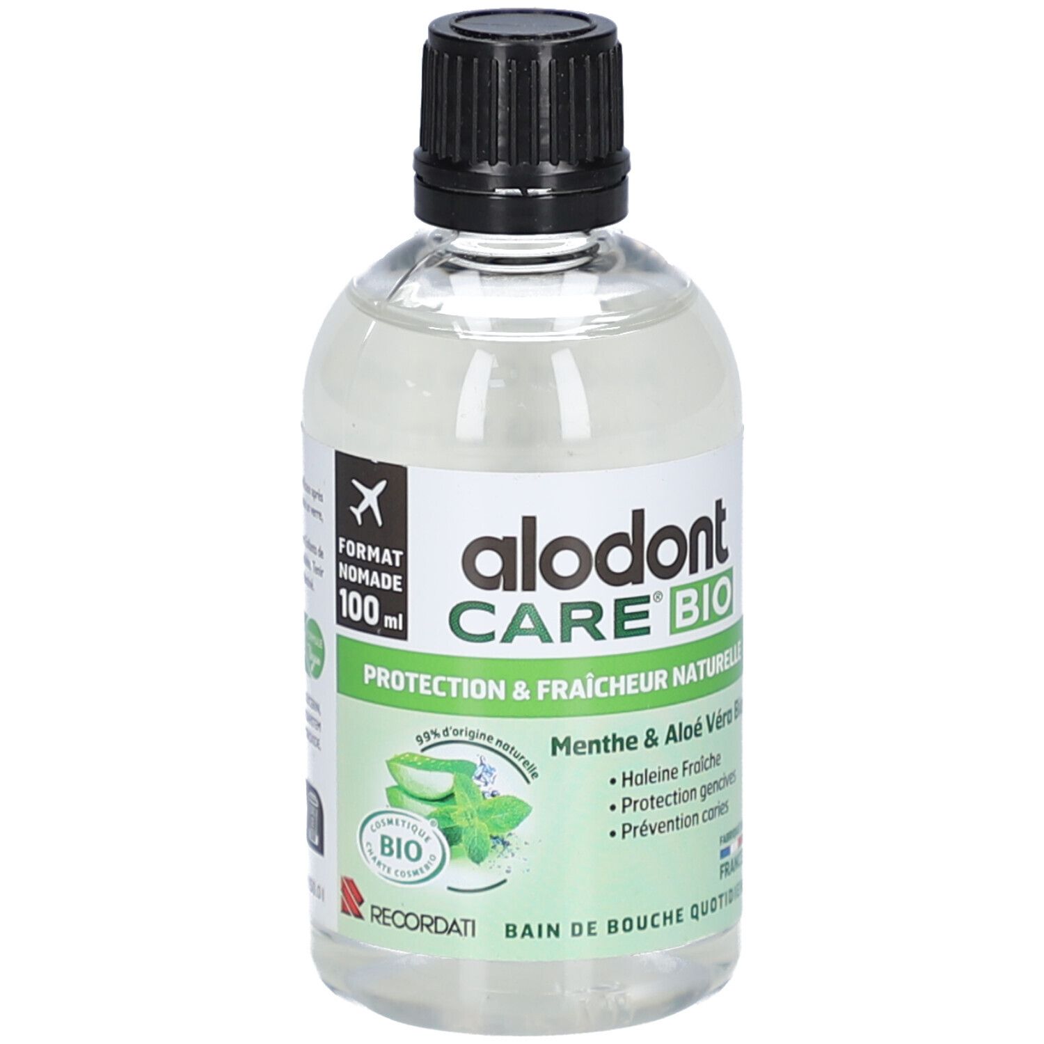 Flacon transparent avec bouchon noir. Inscription: alodont CARE BIO, Protection & fraîcheur naturelle. Contient de la menthe et de l'aloe vera.