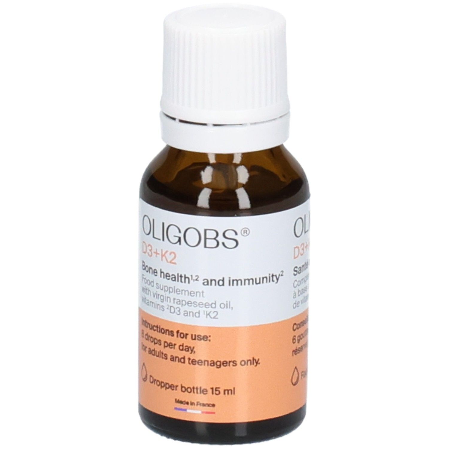 Flacon en verre ambré avec bouchon compte-gouttes blanc. Contient OLIGOBS D3+K2.