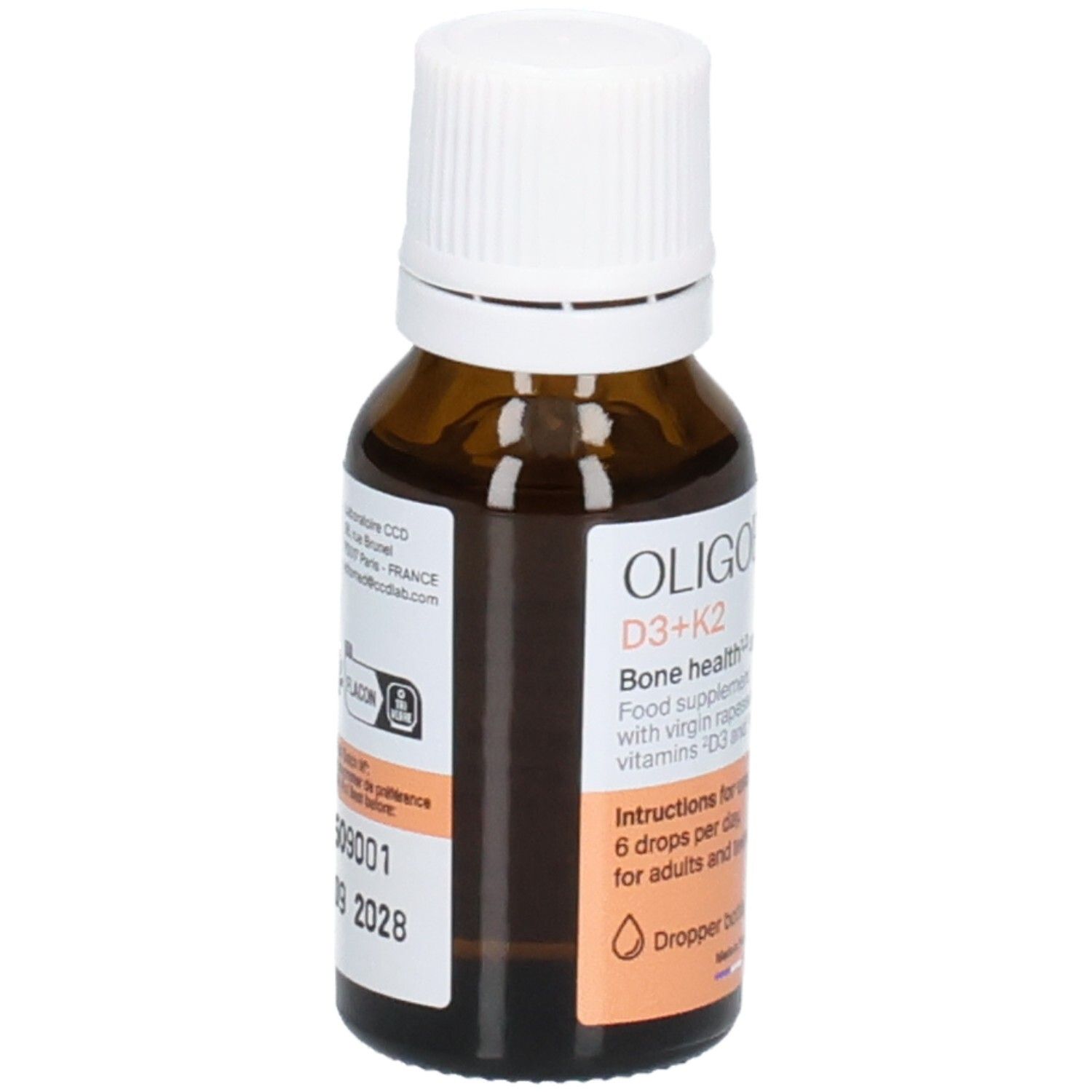 Arrière d'un flacon en verre ambré avec bouchon compte-gouttes blanc. Informations sur OLIGOBS D3+K2.