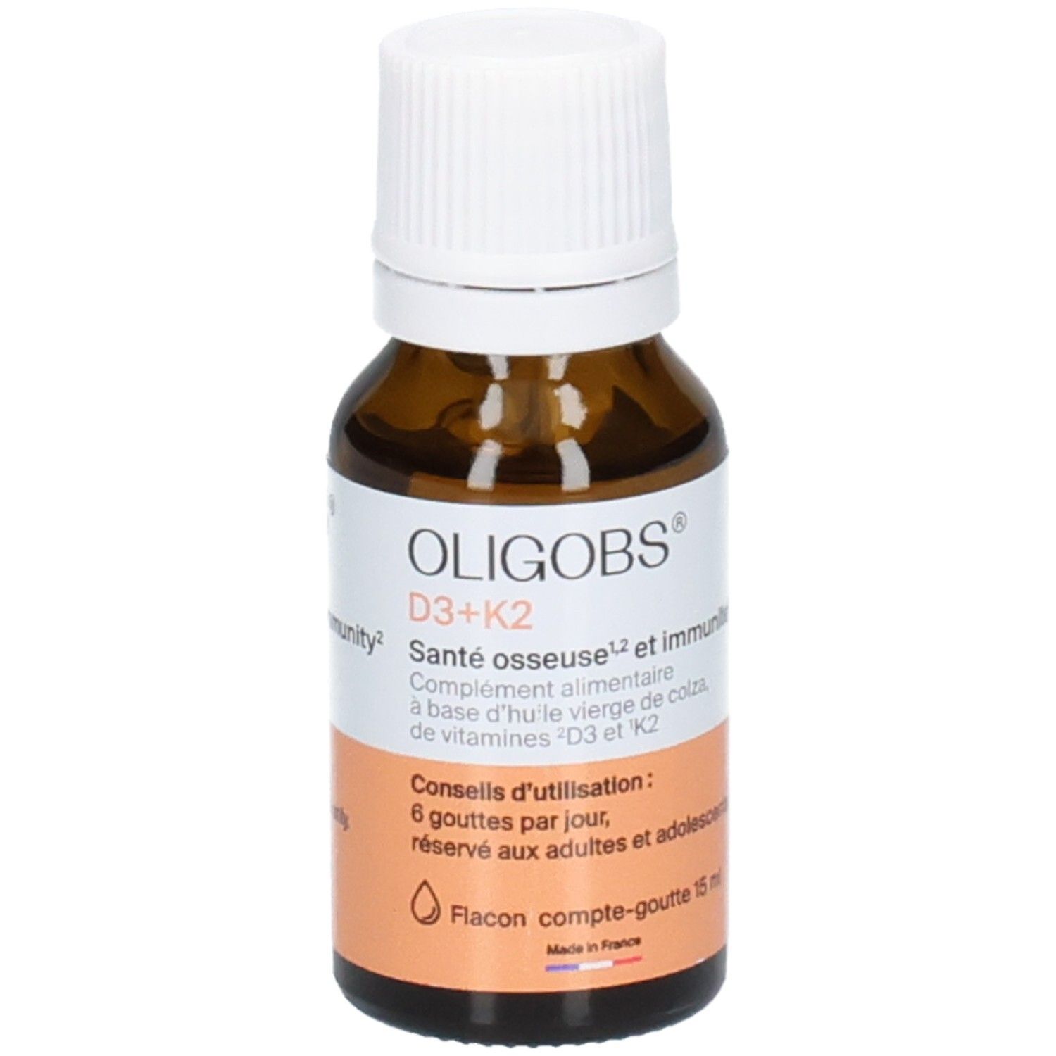 Flacon en verre ambré avec bouchon compte-gouttes blanc. OLIGOBS D3+K2 pour la santé osseuse et immunitaire.