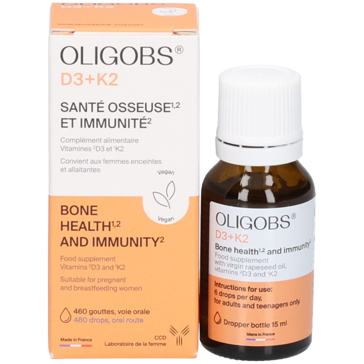 Flacon et emballage OLIGOBS D3+K2. Complément alimentaire pour la santé osseuse et immunitaire.