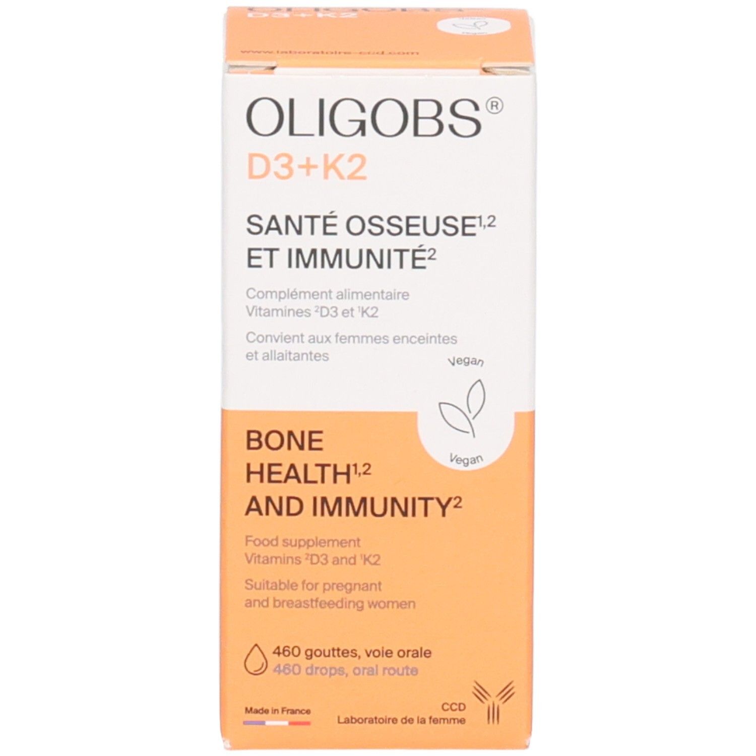 Emballage et flacon d'OLIGOBS D3+K2. Vegan, convient aux femmes enceintes et allaitantes.