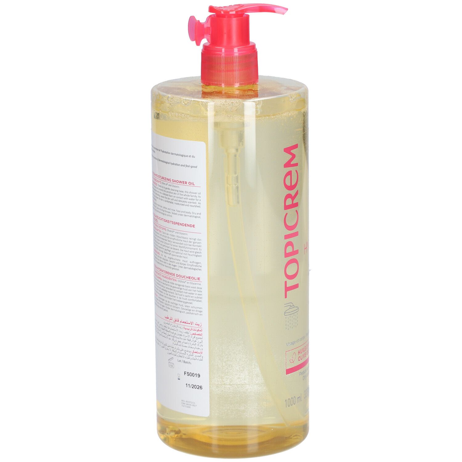 Flacon transparent avec liquide jaunâtre. Bouchon pompe rose. Dos avec texte et informations. Marque : Topicrem.