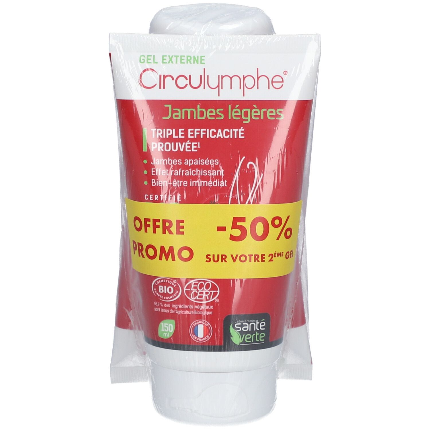 Tube de gel CIRCULYMPHE® JAMBES LÉGÈRES, rouge et blanc, sous film plastique. Texte : « Triple efficacité prouvée ».