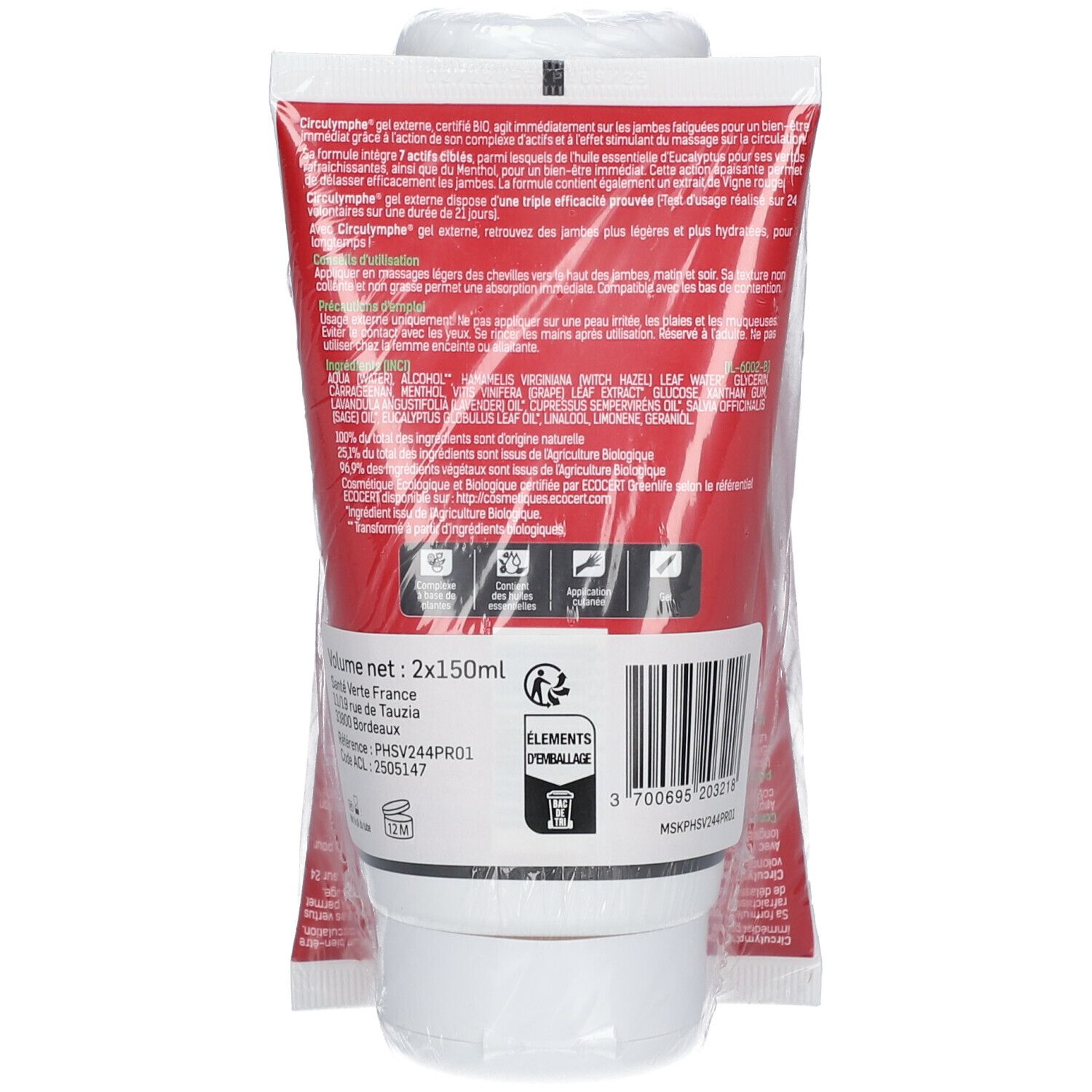 Dos du tube de gel CIRCULYMPHE® JAMBES LÉGÈRES. Texte et informations sur la composition et le volume.