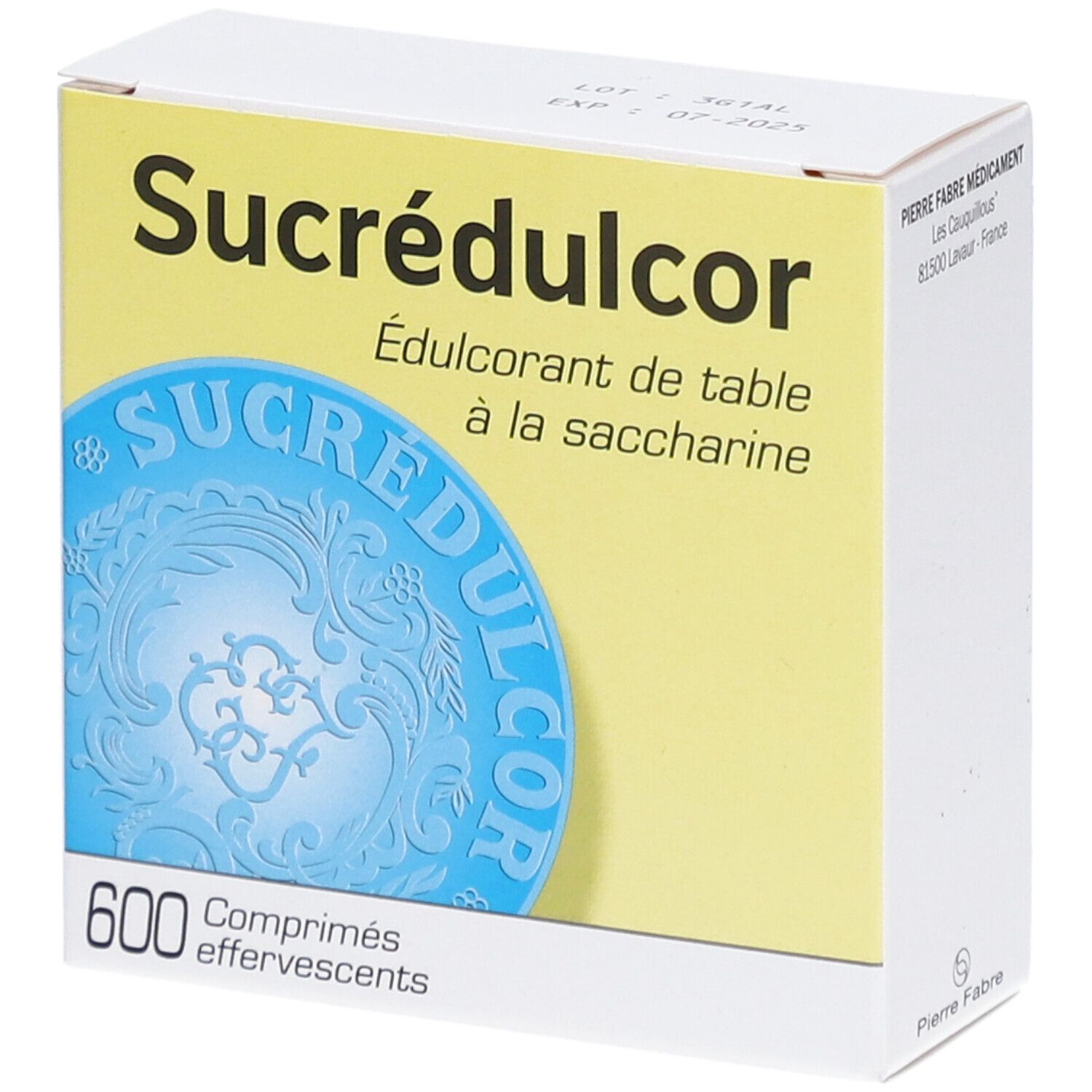 Boîte de Sucrédulcor Comprimés Effervescents. Inscription: 600 comprimés. Logo bleu.