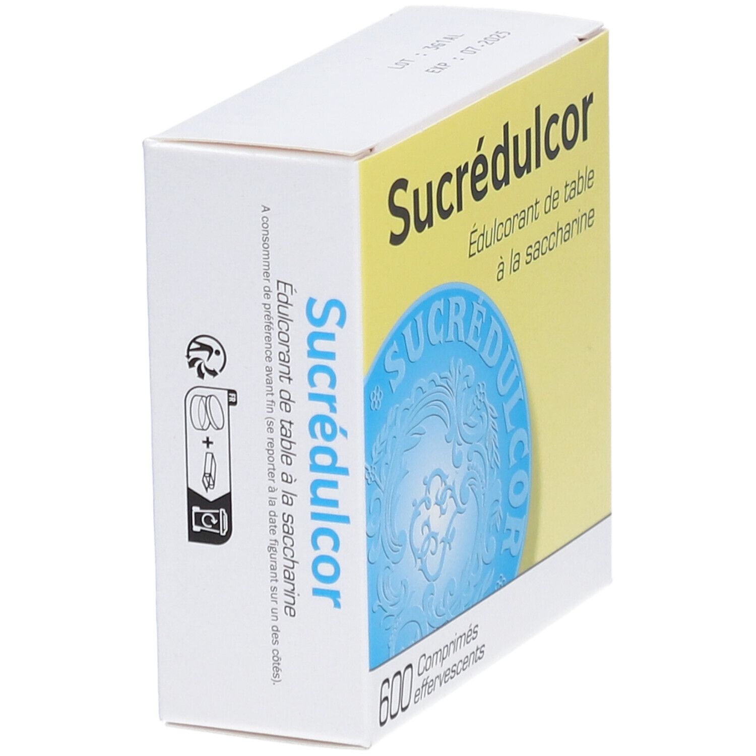 Boîte Sucrédulcor Comprimés Effervescents, vue latérale. Inscription: 600 comprimés. Logo bleu.