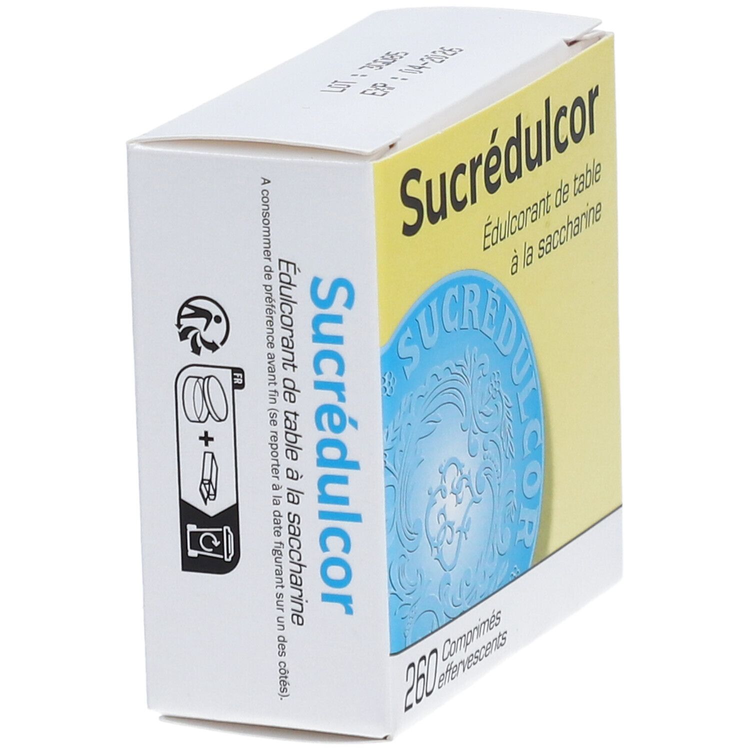 Boîte Sucrédulcor. Boîte blanche avec nom du produit et graphique rond bleu. Vue latérale avec symbole de recyclage.