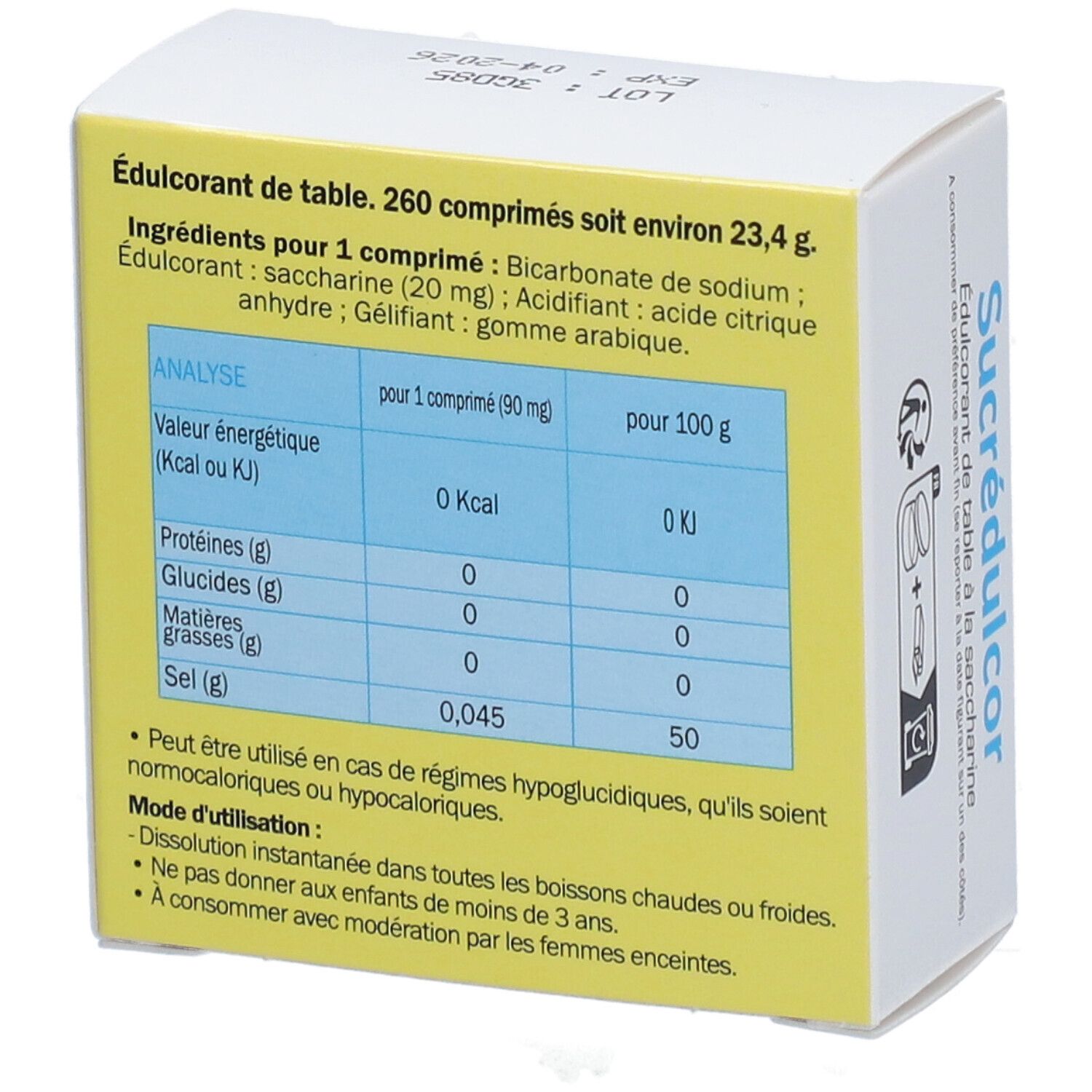 Dos de la boîte Sucrédulcor. Contient des informations nutritionnelles et des ingrédients. Fond jaune avec texte blanc.