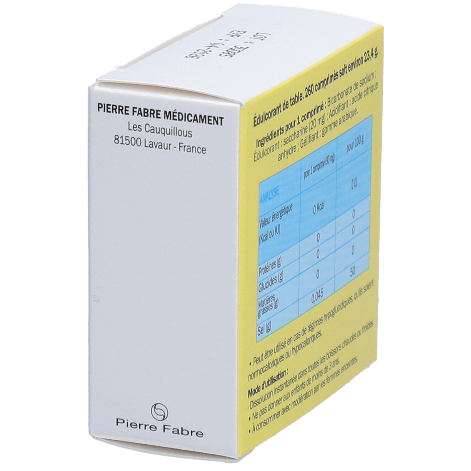 Dos de la boîte Sucrédulcor. Contient des informations nutritionnelles et les coordonnées du fabricant. Fond jaune.