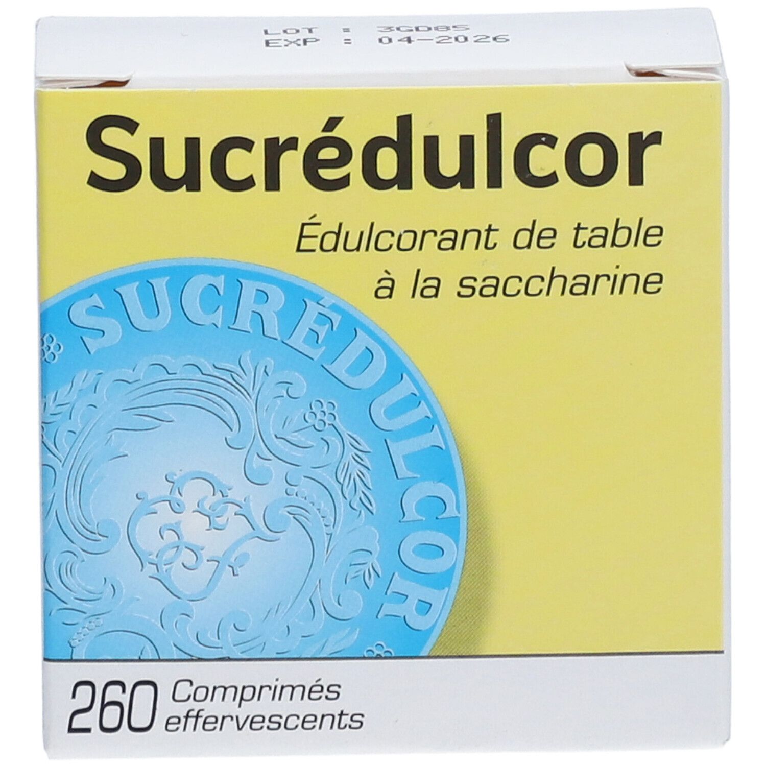 Boîte Sucrédulcor. Boîte jaune et blanche avec nom du produit et 260 comprimés effervescents. Graphique rond bleu.