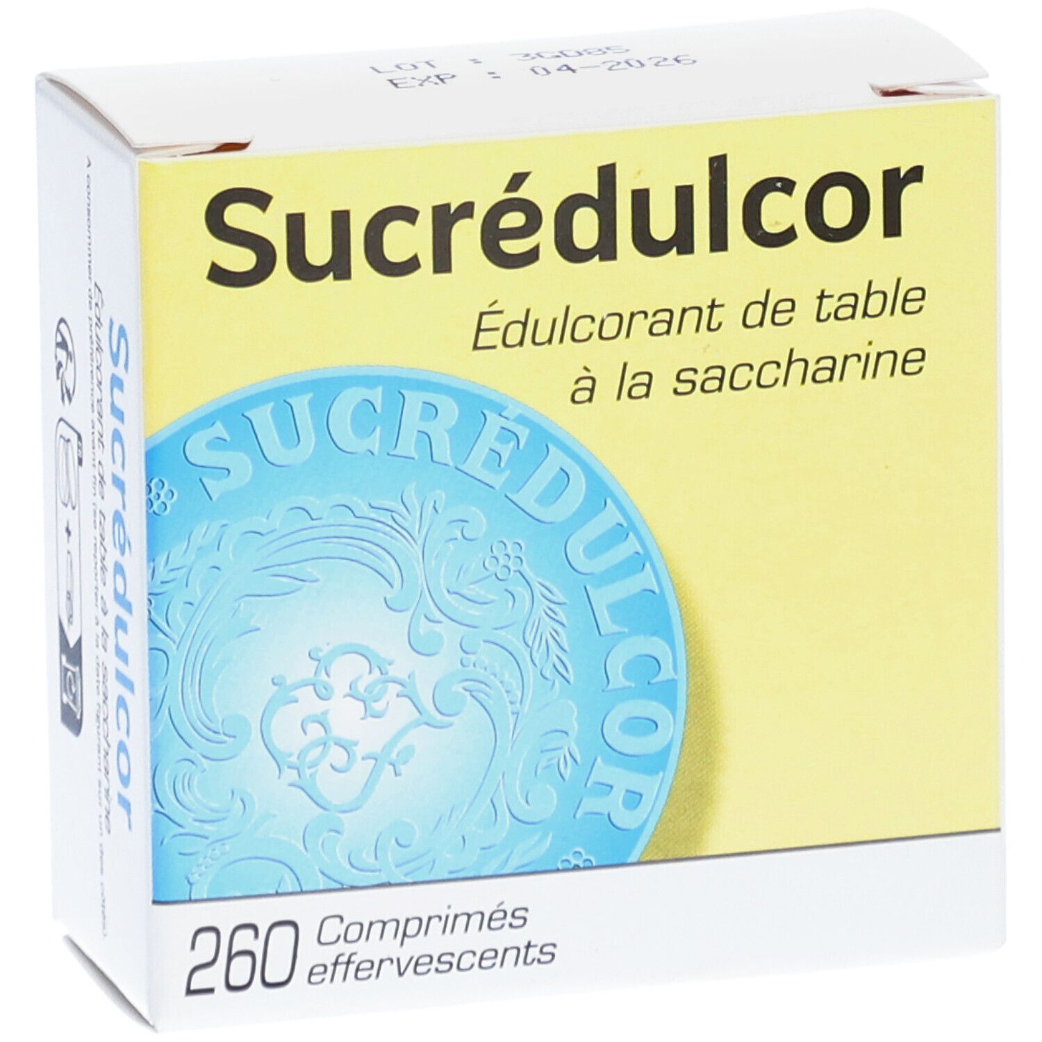 Boîte Sucrédulcor. Boîte jaune et blanche avec nom du produit et 260 comprimés effervescents. Graphique rond bleu.