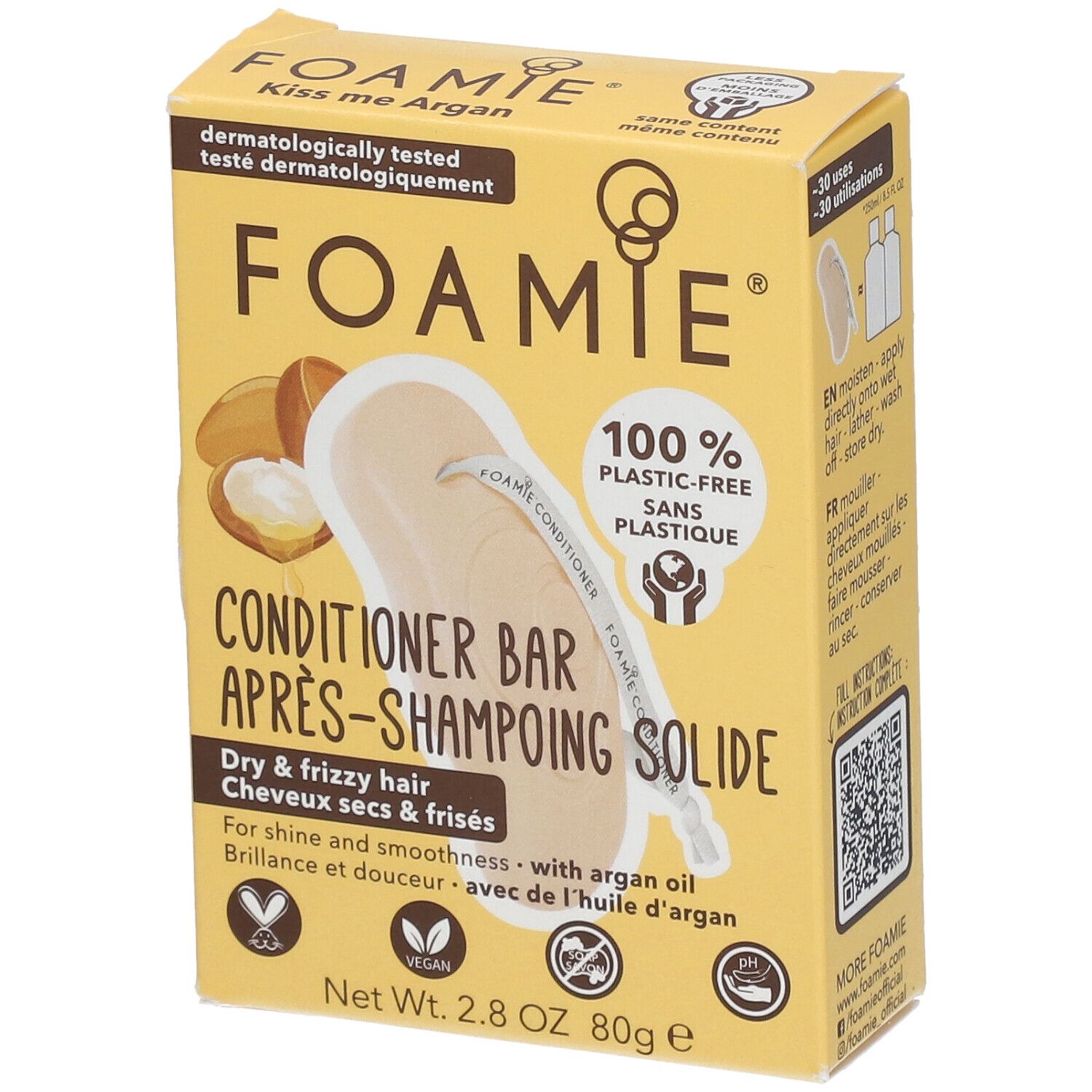 Boîte jaune FOAMIE Kiss me Argan. Après-shampoing solide pour cheveux secs et frisés. 100% sans plastique.
