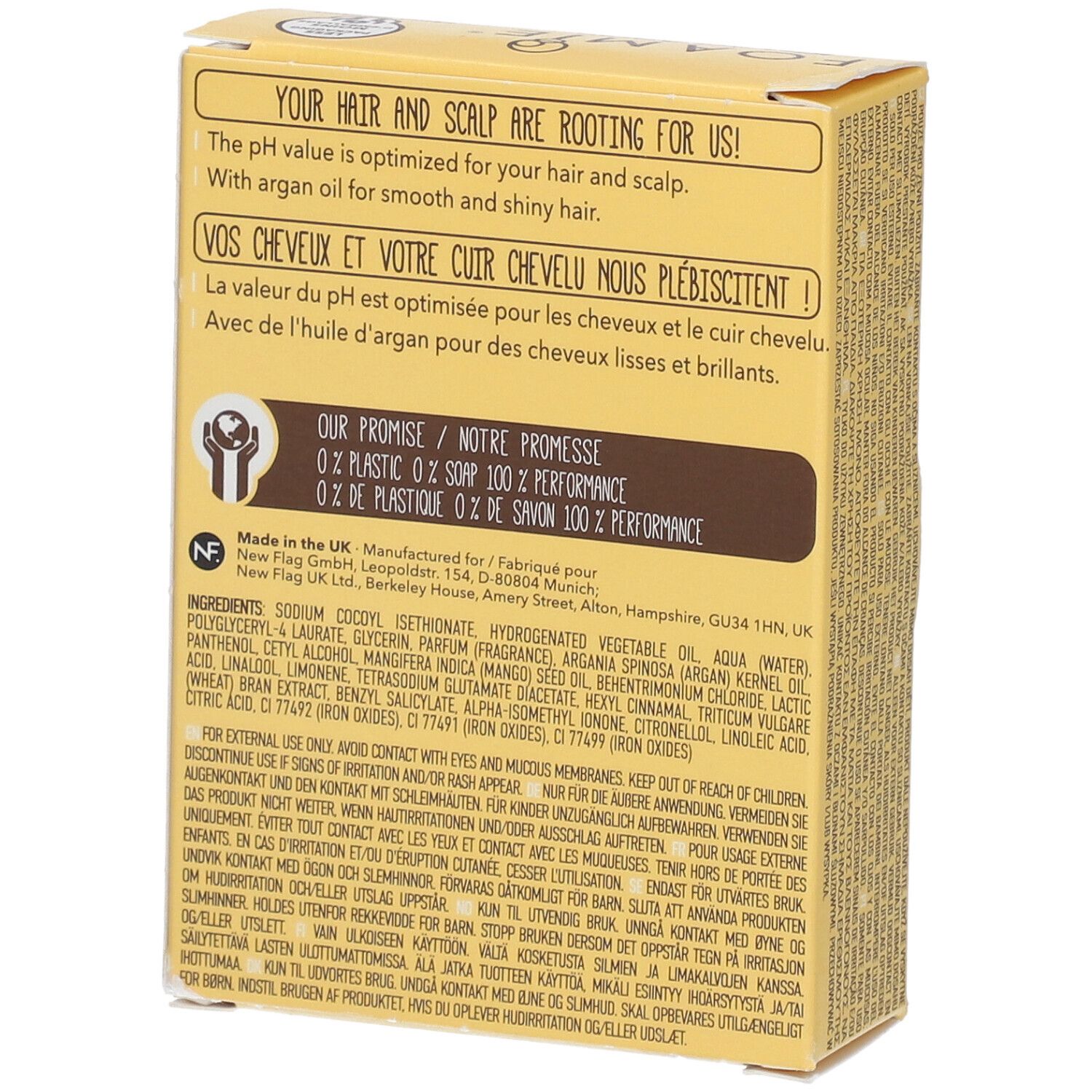 Dos de la boîte jaune. Texte: Vos cheveux et votre cuir chevelu nous tiennent à cœur ! Avec de l'huile d'argan.
