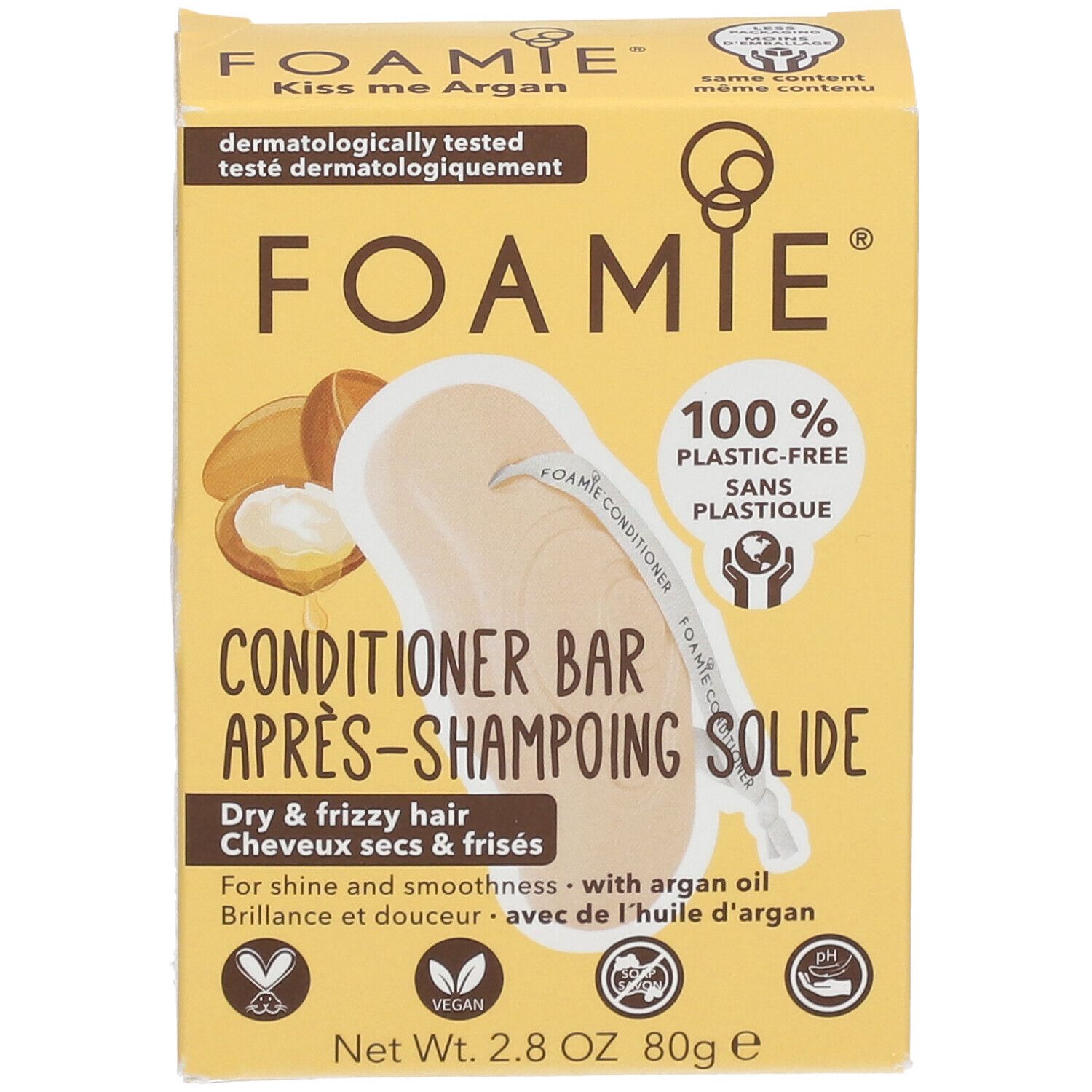 Boîte jaune FOAMIE Kiss me Argan. Après-shampoing solide pour cheveux secs et frisés. 100% sans plastique.