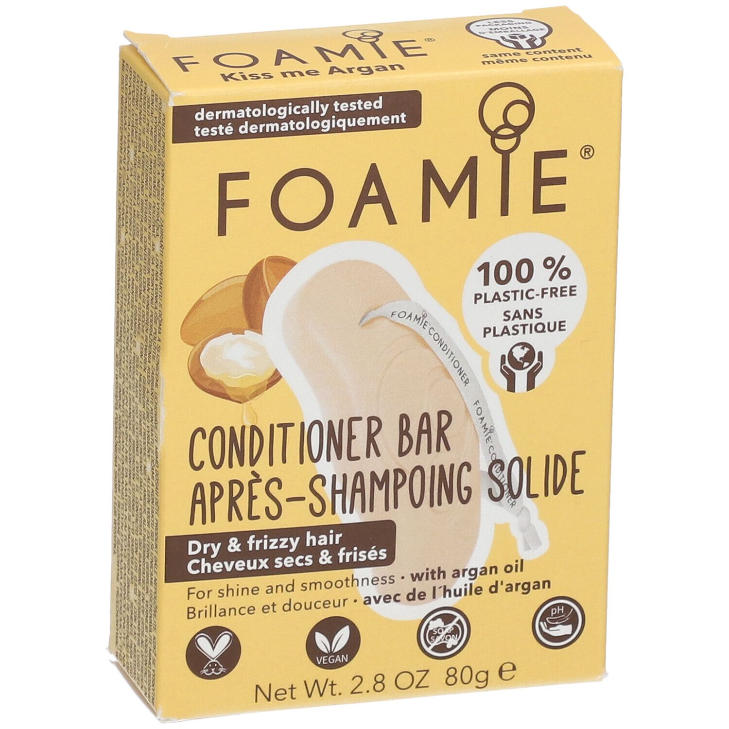 Boîte jaune FOAMIE Kiss me Argan. Après-shampoing solide pour cheveux secs et frisés. 100% sans plastique.