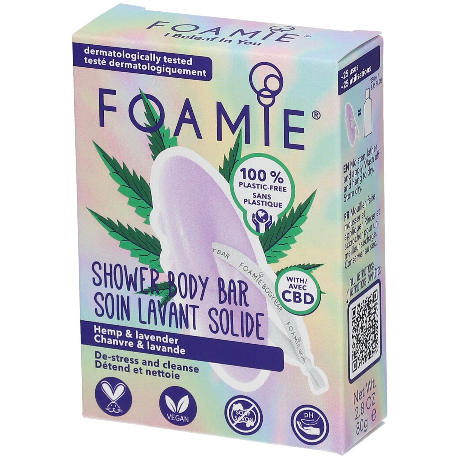 Emballage de barre de douche solide FOAMIE. Chanvre et lavande. Végétalien, sans plastique. Avec CBD.