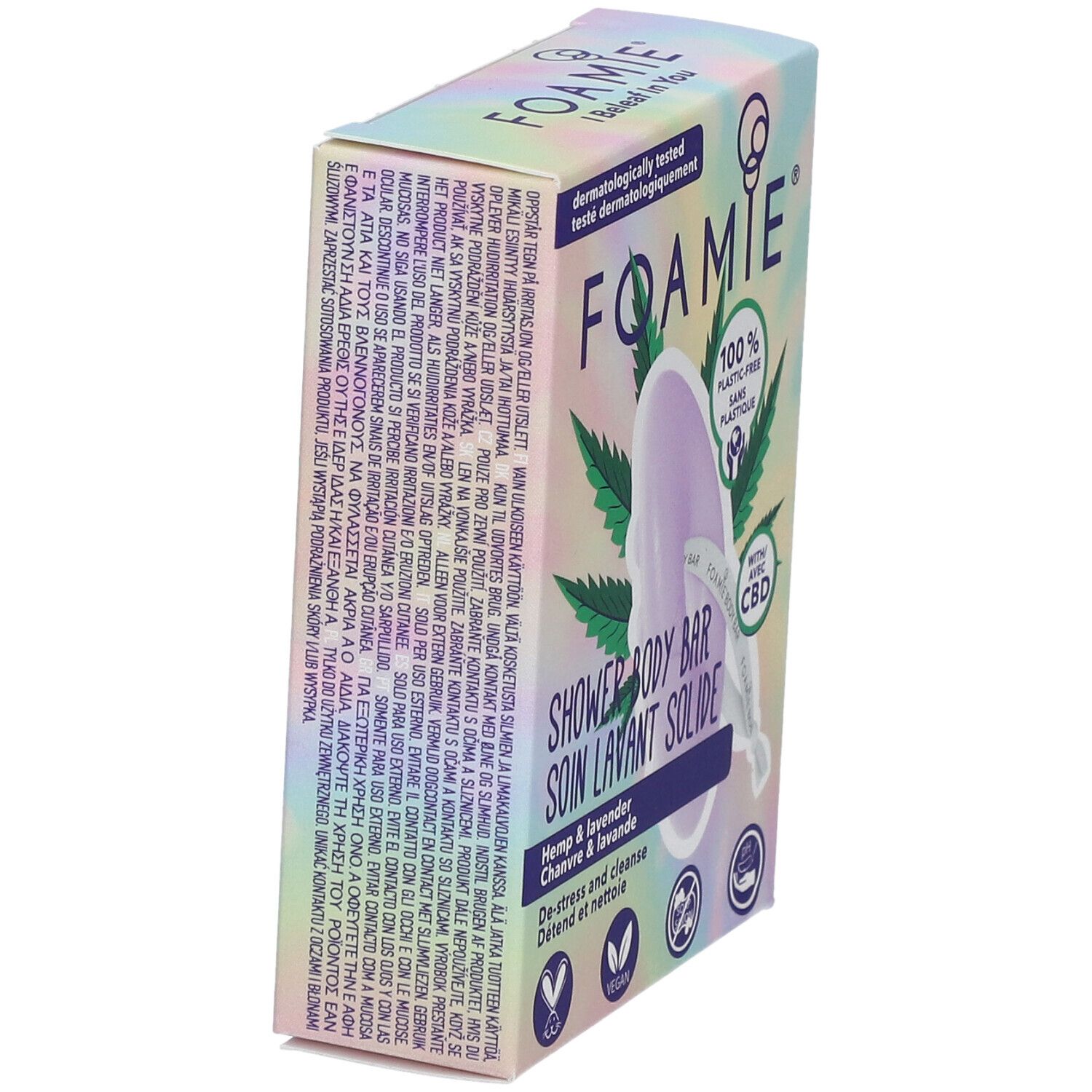 Emballage de barre de douche solide FOAMIE. Texte multilingue. Chanvre et lavande. Végétalien.