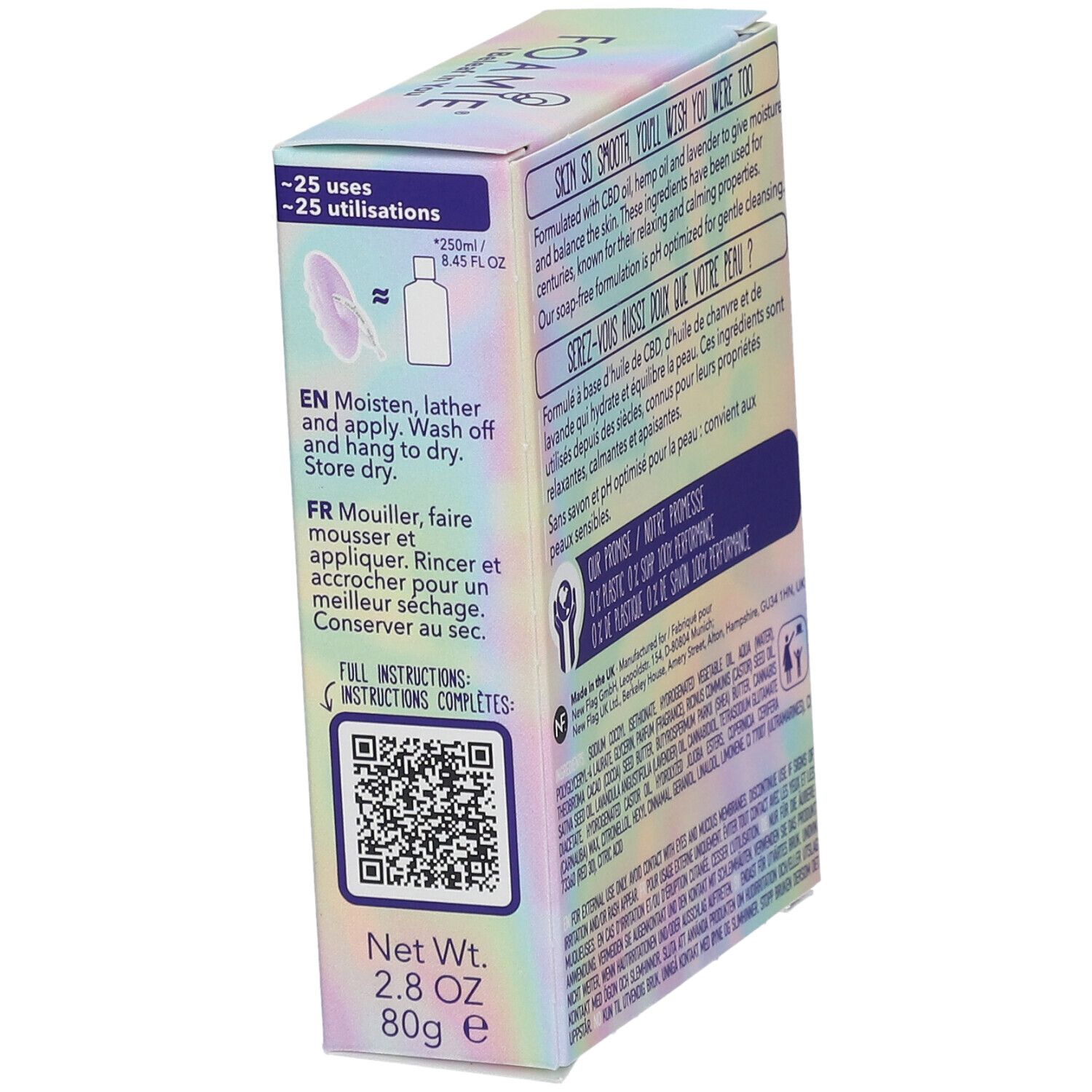Emballage de barre de douche solide FOAMIE. Instructions d'utilisation. Chanvre et lavande. 80g.