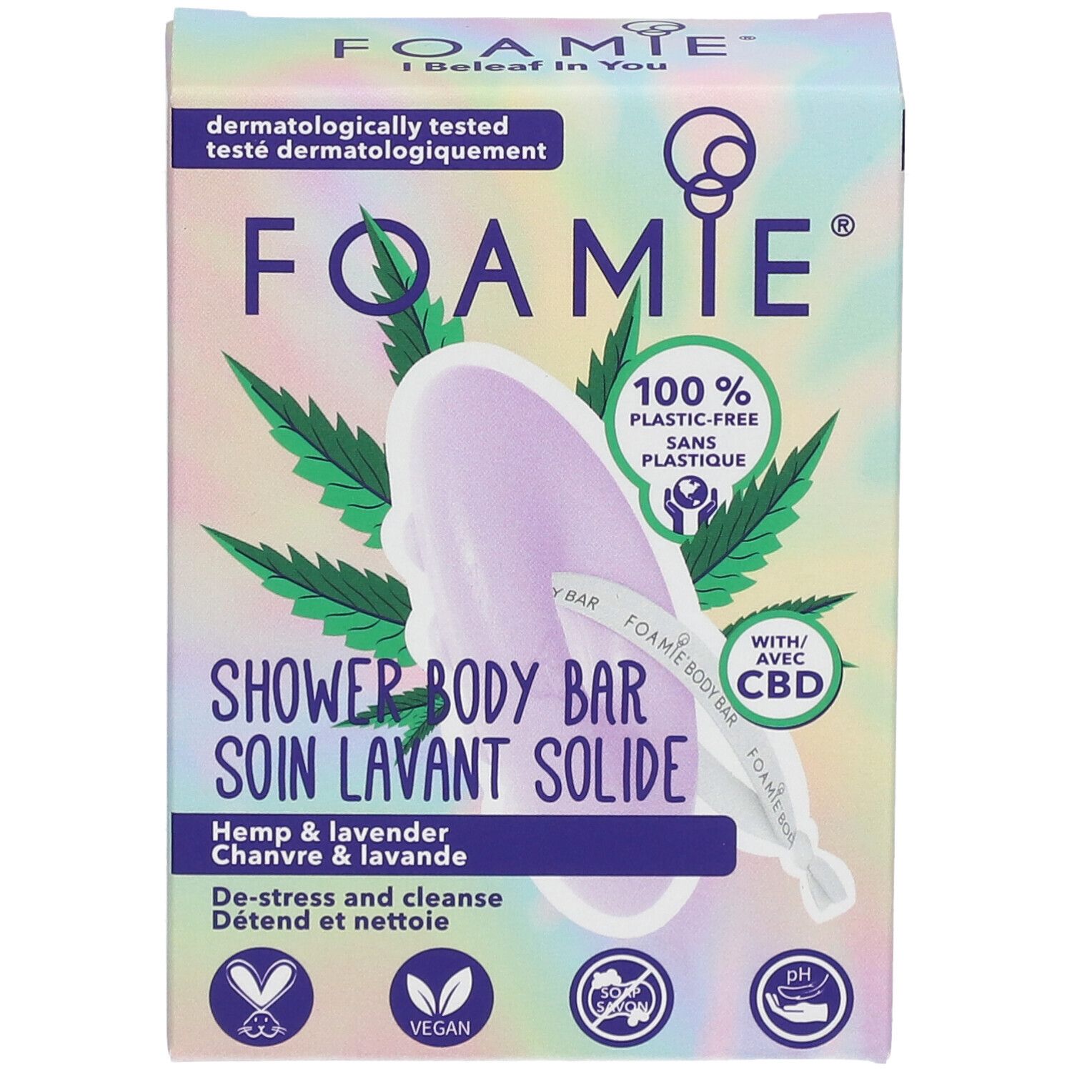 Emballage de barre de douche solide FOAMIE. Chanvre et lavande. Végétalien, sans plastique. Avec CBD.