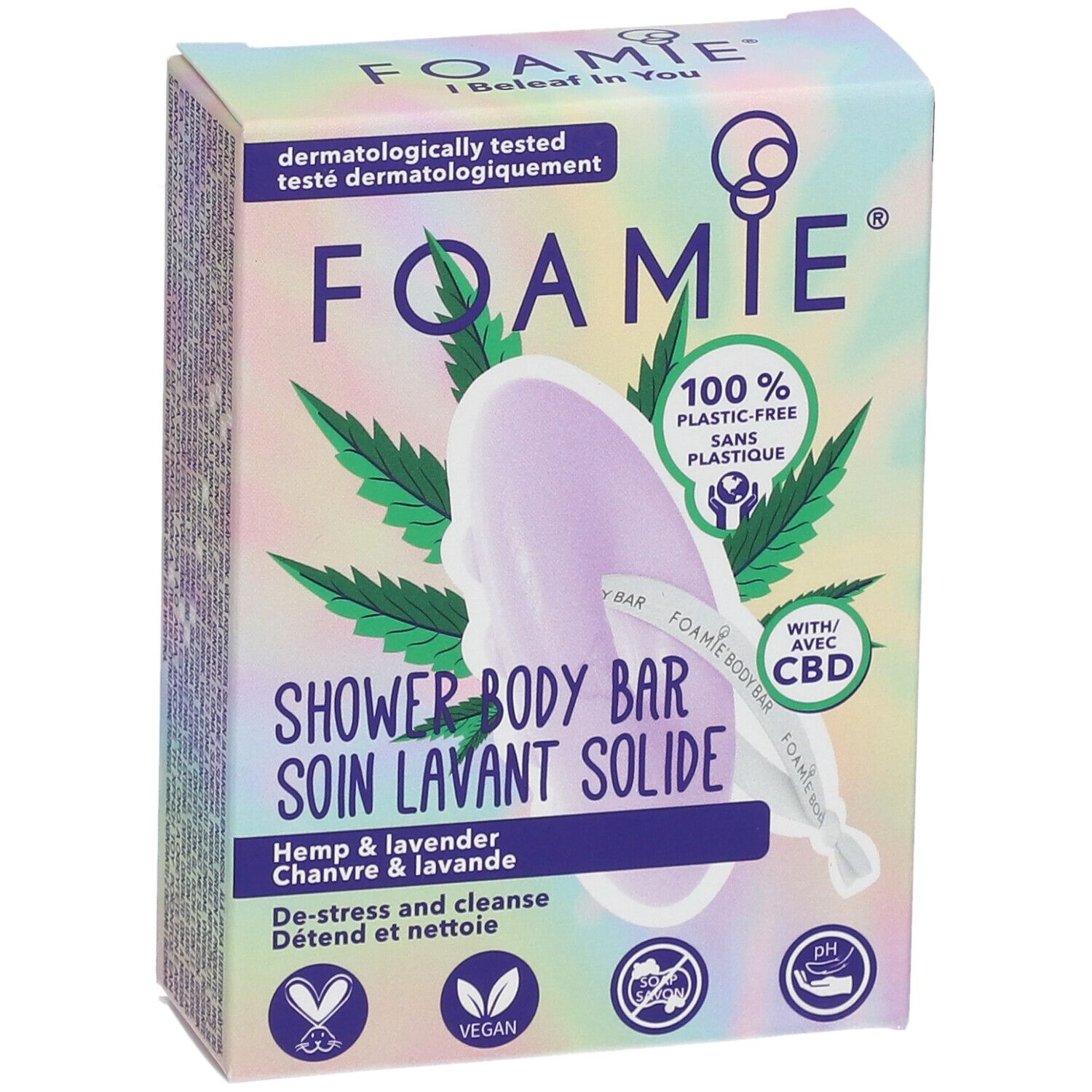 Emballage de barre de douche solide FOAMIE. Chanvre et lavande. Végétalien, sans plastique. Avec CBD.
