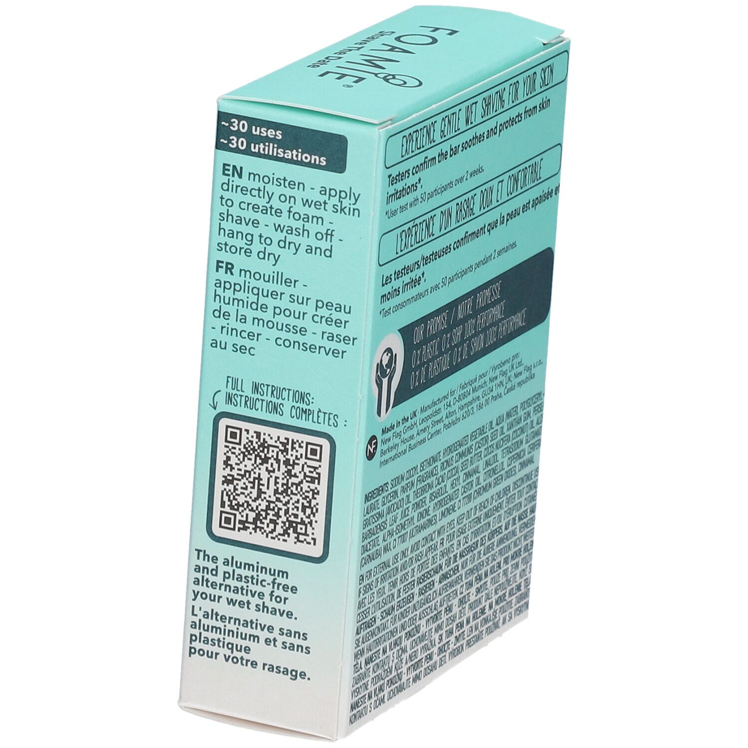 Emballage avec texte: 30 utilisations. Instructions d'utilisation. Code QR. Alternative sans aluminium et plastique.