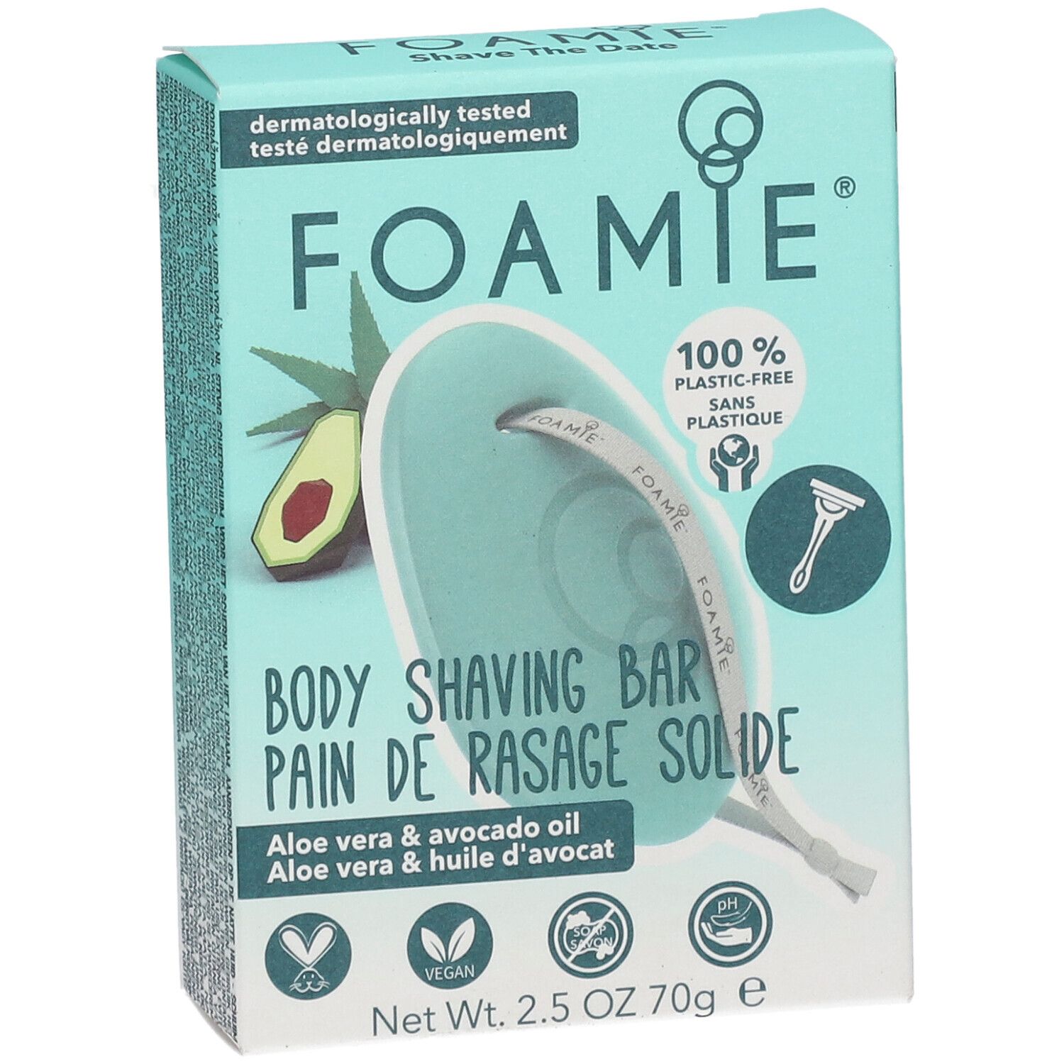 Emballage. Inscription: FOAMIE, Body Shaving Bar. Aloe Vera & huile d'avocat. 100% sans plastique. Testé dermatologiquement.