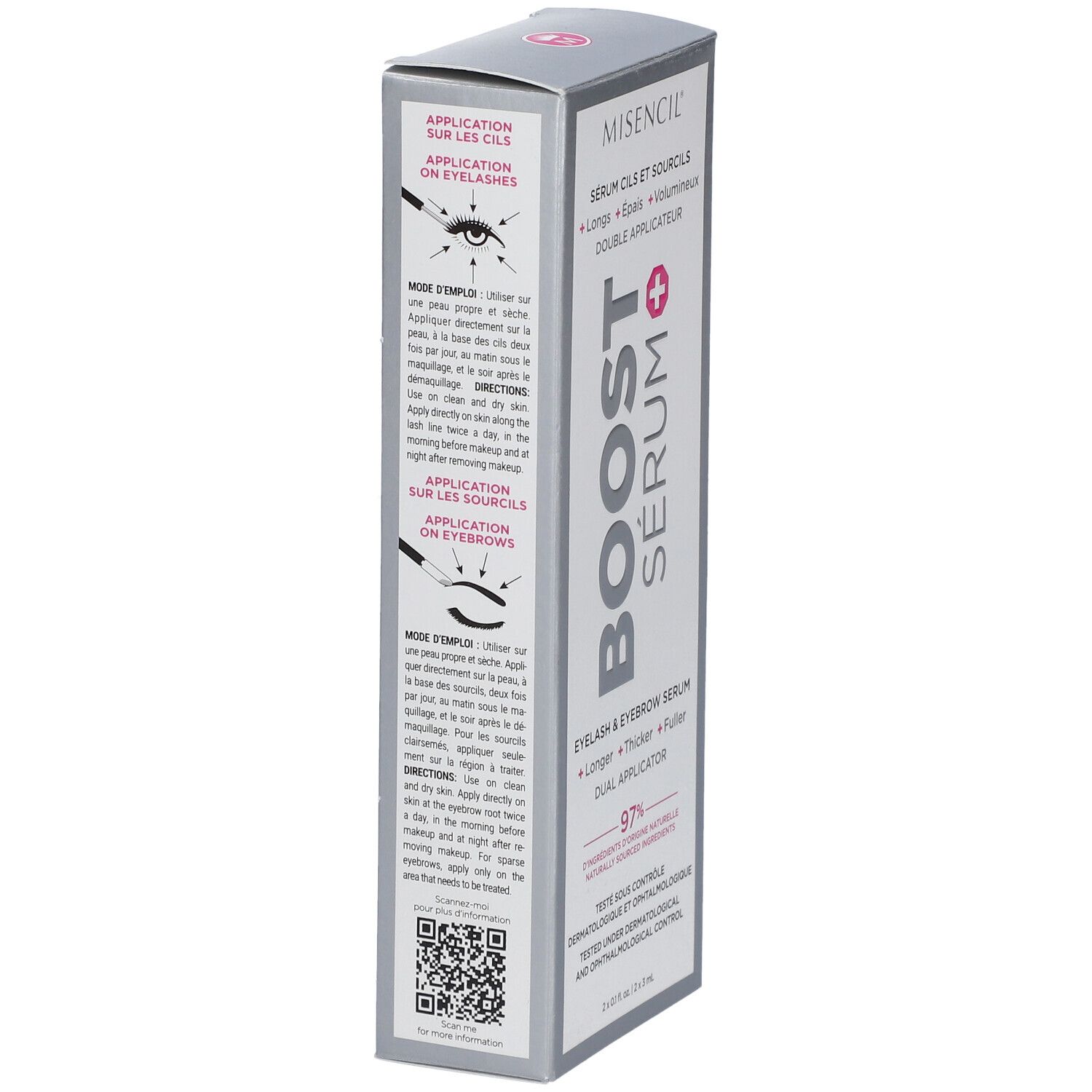 Boîte MISENCIL® Boost Sérum. Texte: Application cils et sourcils. Double applicateur. Boîte grise.