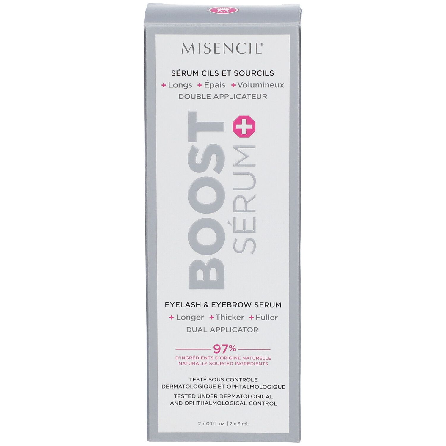 Boîte MISENCIL® Boost Sérum. Texte: Sérum cils et sourcils. Double applicateur. Boîte grise. 2x0.1 fl oz/2x3 ml.