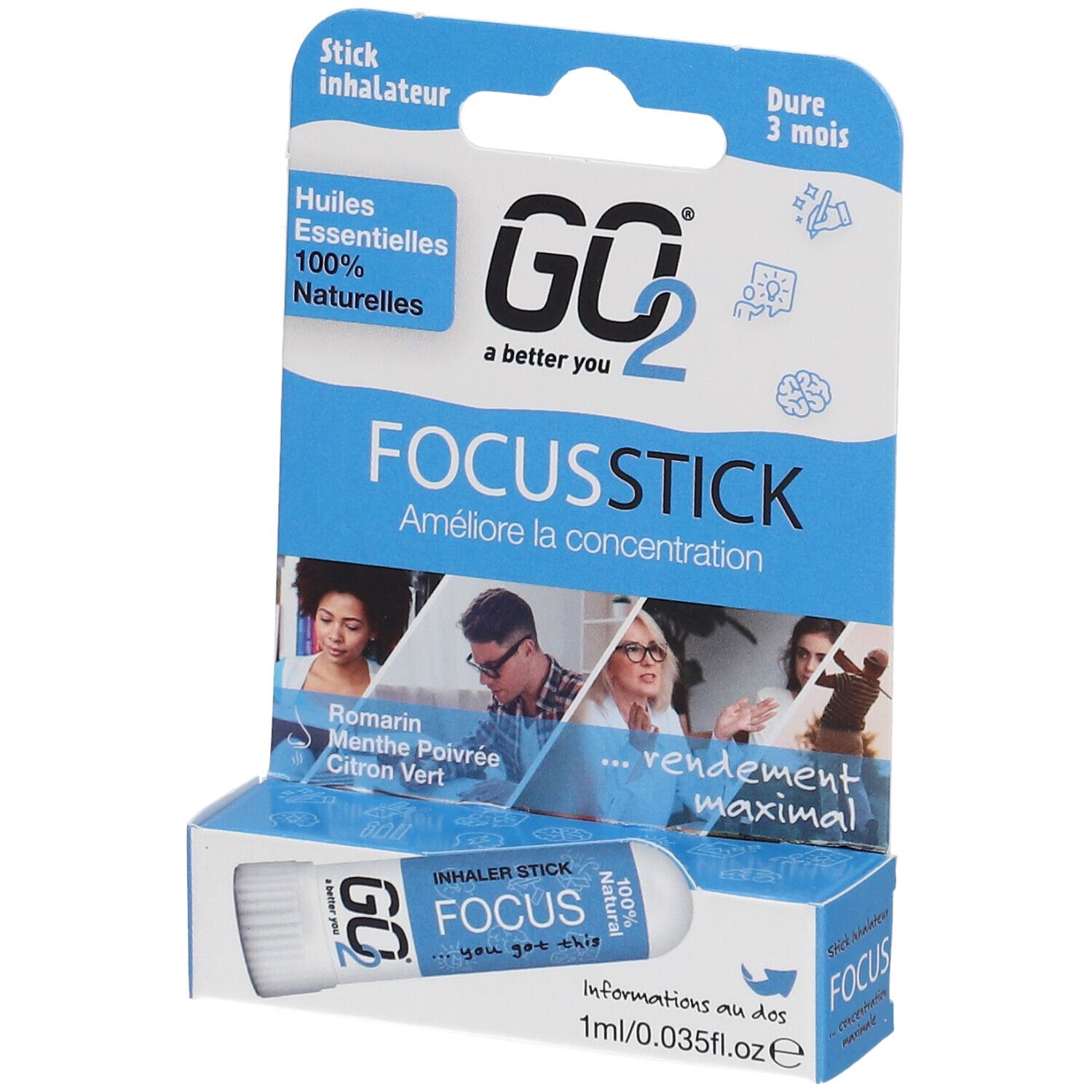 GO2 Focus Stick dans un emballage blister. Inhalateur blanc avec texte bleu. Emballage avec nom du produit et logo.