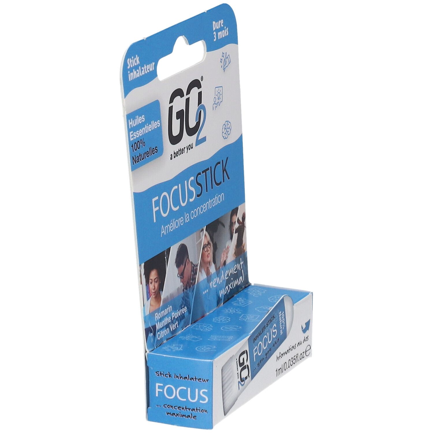 GO2 Focus Stick dans un emballage blister. Inhalateur blanc avec texte bleu. Emballage avec nom du produit et logo.