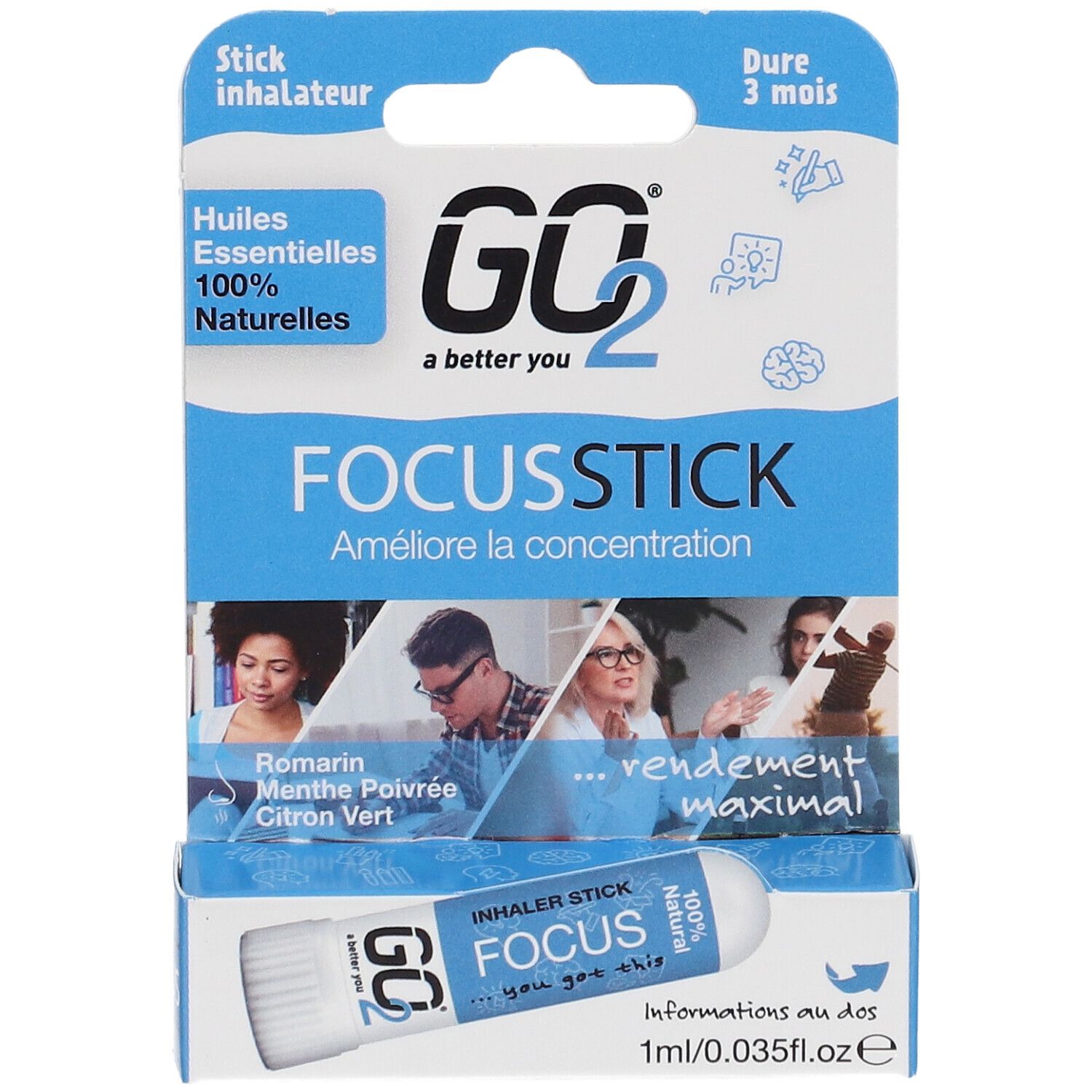 GO2 Focus Stick dans un emballage blister. Inhalateur blanc avec texte bleu. Emballage avec nom du produit et logo.