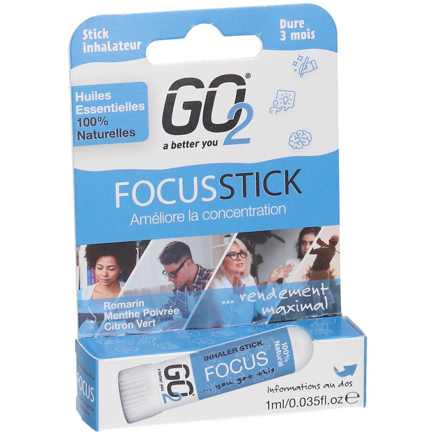 GO2 Focus Stick dans un emballage blister. Inhalateur blanc avec texte bleu. Emballage avec nom du produit et logo.