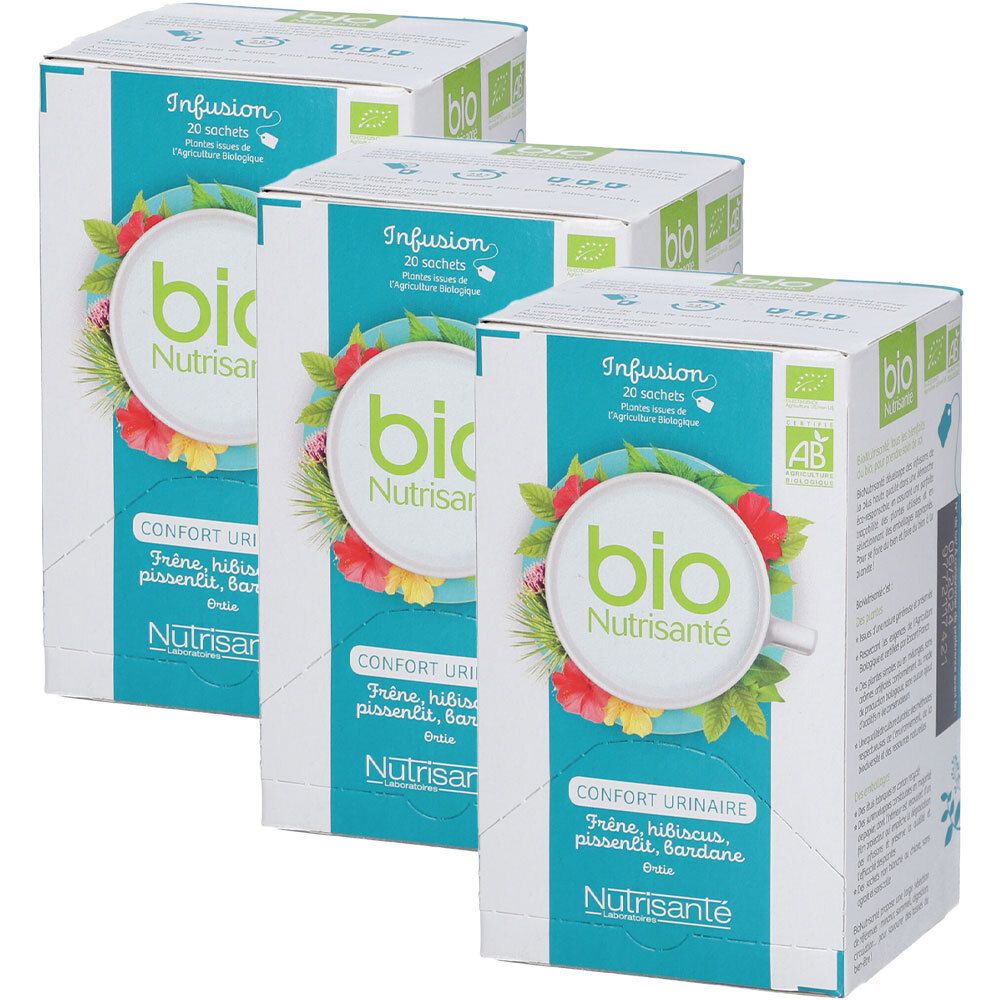 Trois boîtes d'infusion Bio Confort Urinaire. Inscription : Bio Nutrisanté, Confort Urinaire, 20 sachets, certification AB.