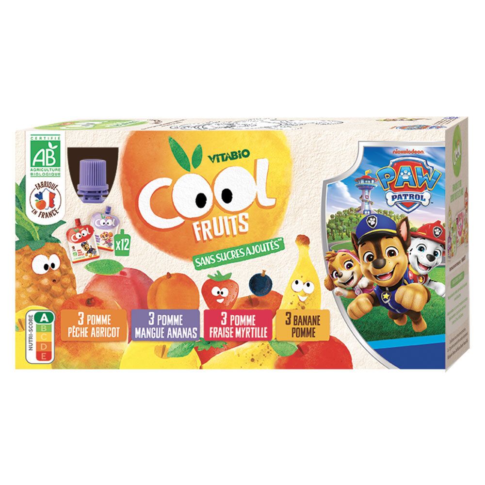 Boîte Vitabio COOL FRUITS, 12 sachets de purée de fruits. Label AB bio et personnages Pat' Patrouille.