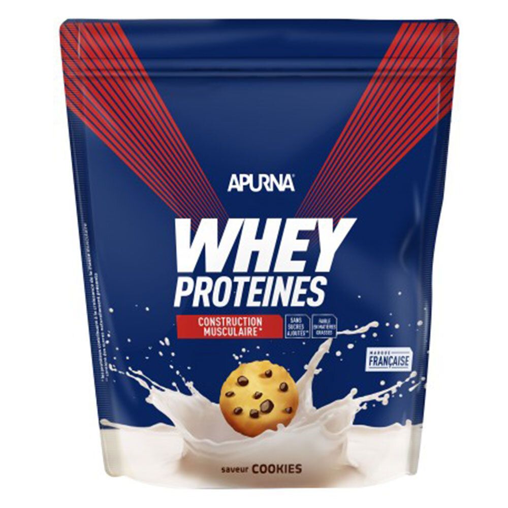 Sachet APURNA WHEY PROTEINE COOKIE. Emballage bleu avec détails rouges. Logo et nom du produit. Cookie dans une éclaboussure de lait.