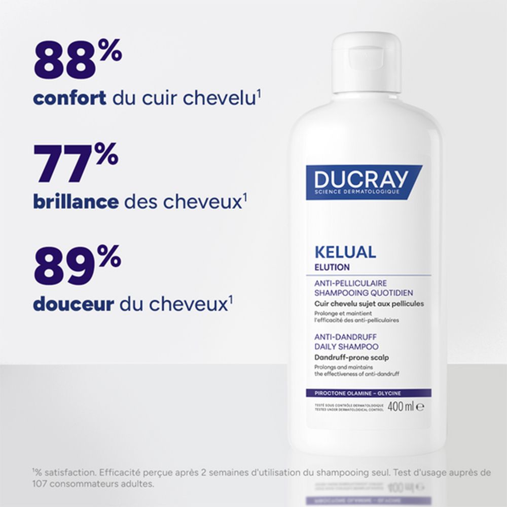 Flacon blanc avec étiquette bleue. Texte: 88% confort, 77% brillance, 89% douceur. DUCRAY KELUAL ELUTION.