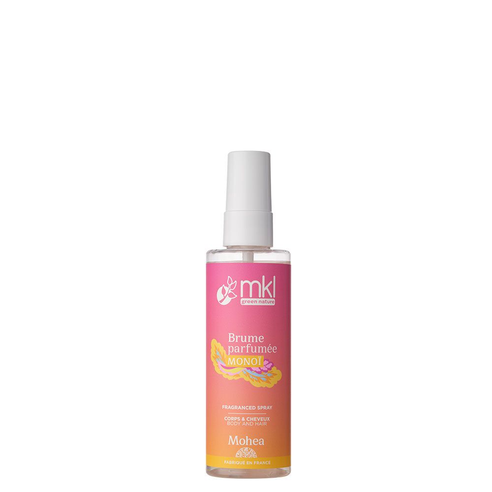 Flacon de brume parfumée pour corps et cheveux. Étiquette rose et jaune avec logo et nom du produit. Tête de pulvérisation blanche.
