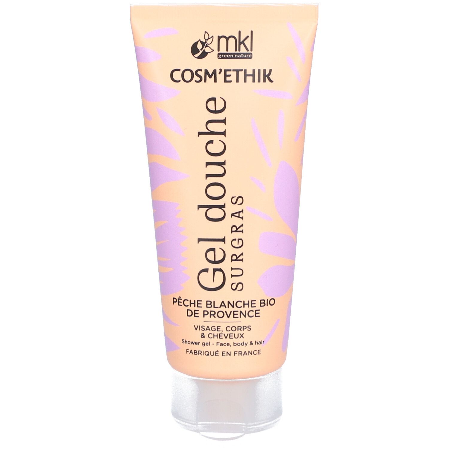 Tube beige avec motifs floraux violets. Logo et texte Cosm'ethik en haut à gauche. En dessous, Gel Douche Surgras.