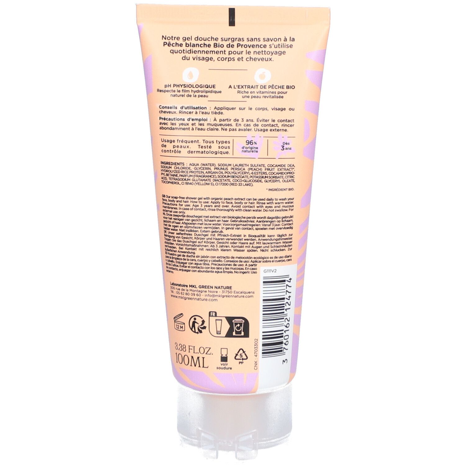 Dos du tube. Texte multilingue. Ingrédients, instructions d'utilisation et logos. Bouchon transparent.