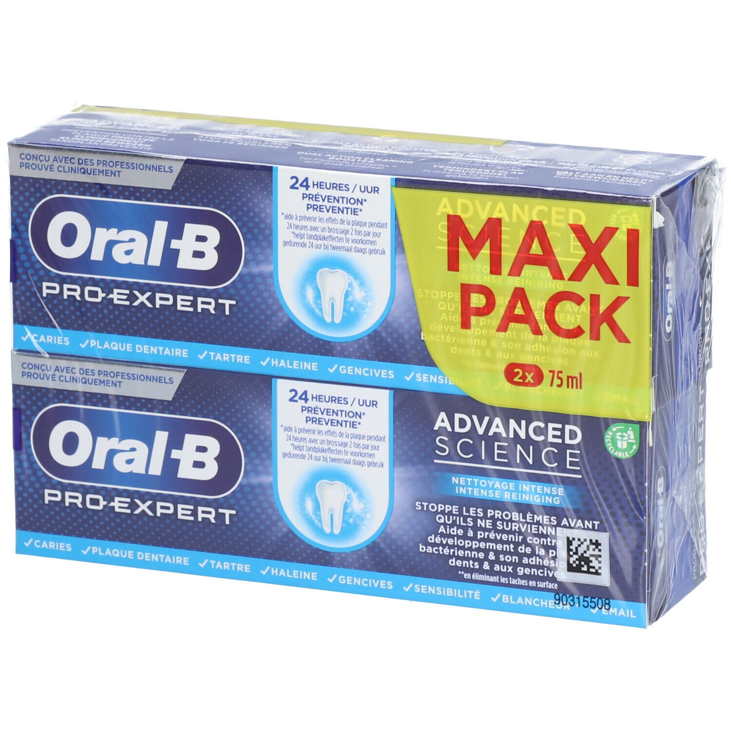 Emballage de dentifrice. Contient deux tubes. Emballage bleu et blanc avec nom et logo du produit. Impression "Maxi Pack".