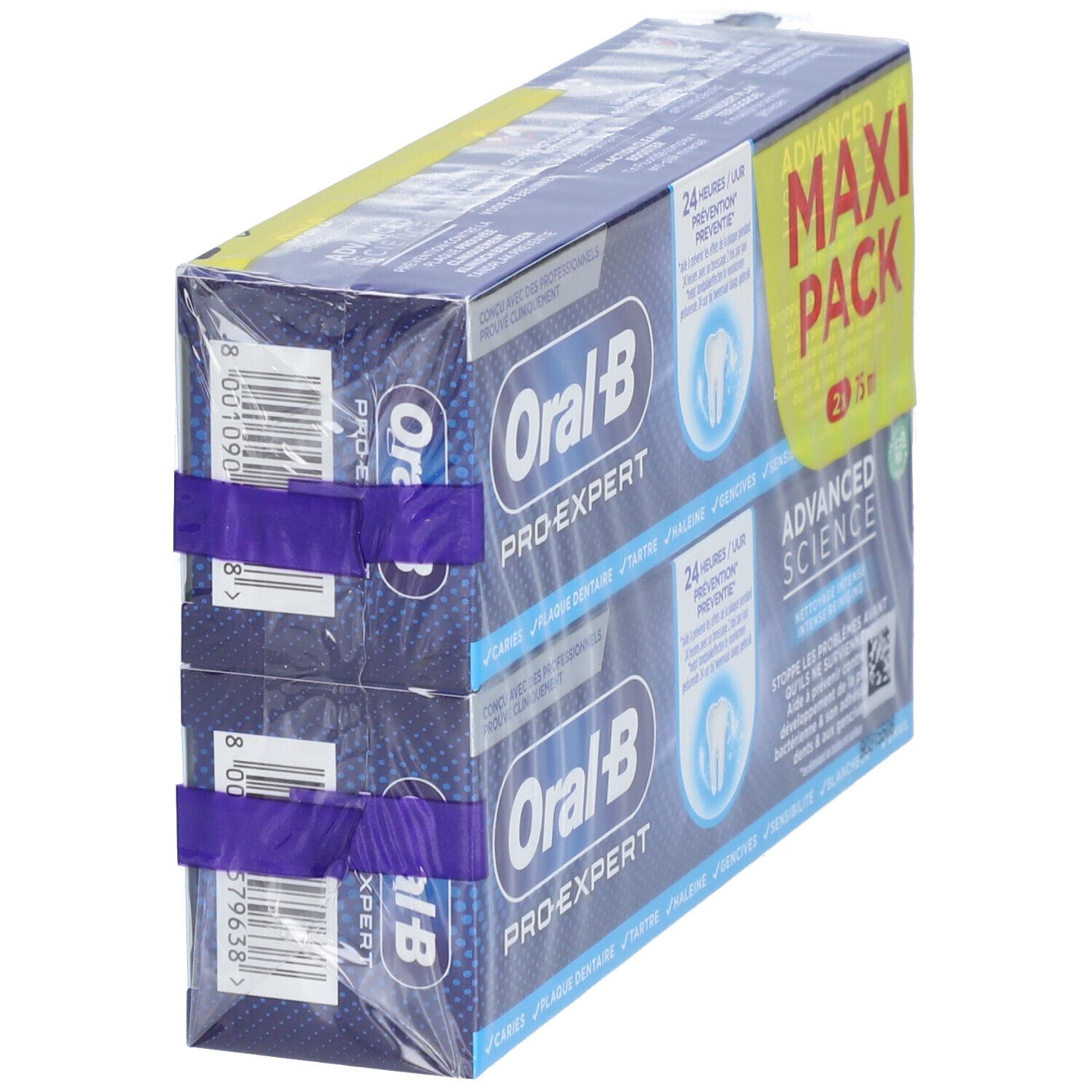 Emballage de dentifrice, vue latérale. Plusieurs emballages emballés dans du film plastique. Nom et logo du produit visibles. Impression "Maxi Pack".