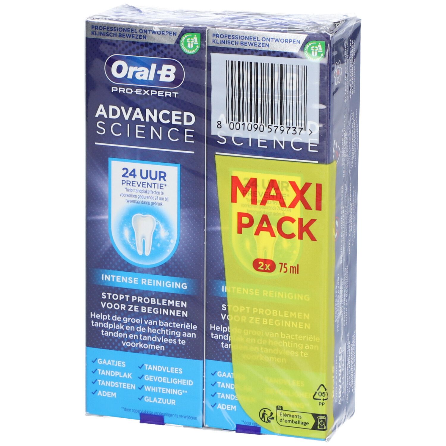 Emballage de dentifrice. Contient deux tubes. Nom et logo du produit visibles. Impression "Maxi Pack". Emballé dans du film plastique.