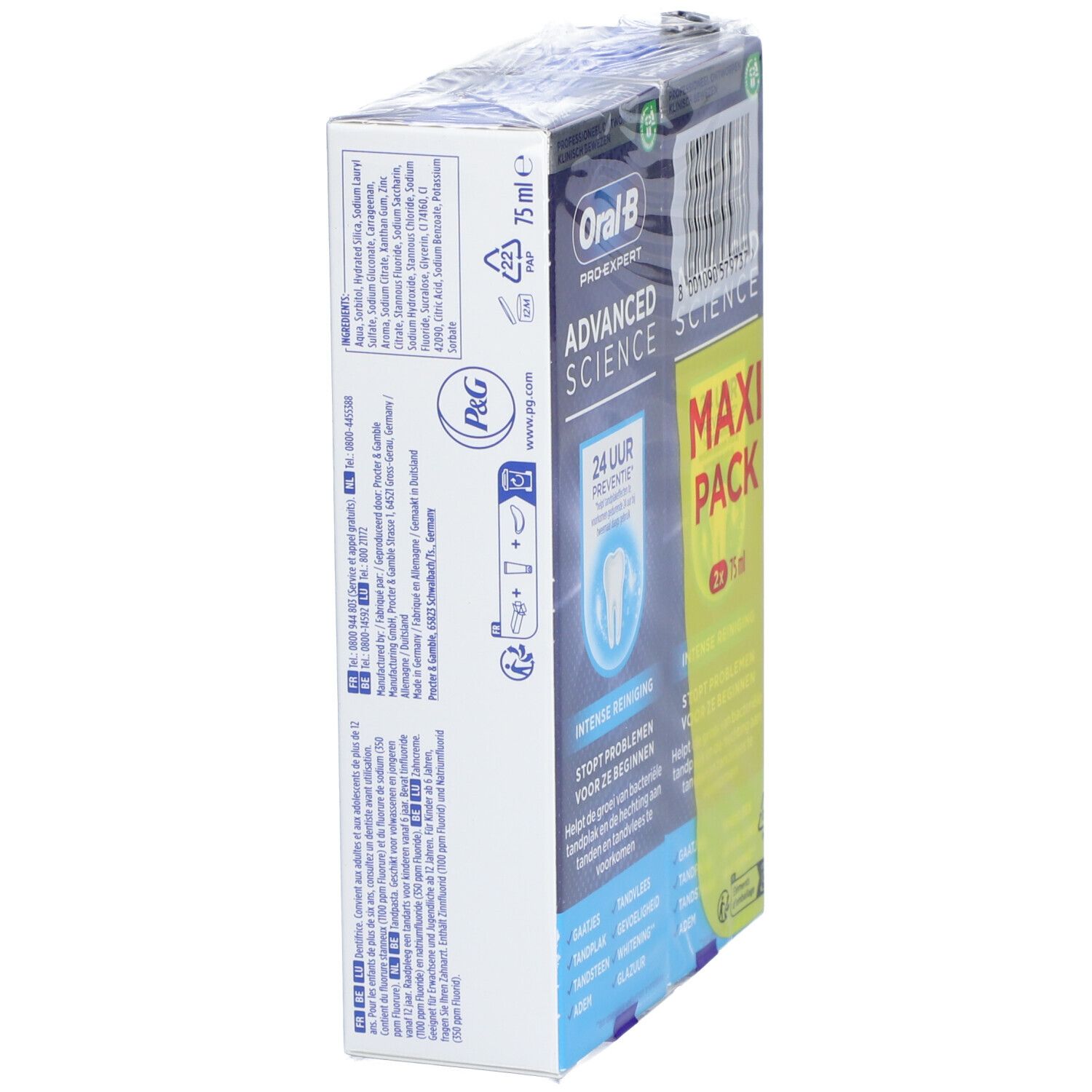 Emballage de dentifrice, vue latérale. Nom et logo du produit visibles. Impression "Maxi Pack". Emballé dans du film plastique.