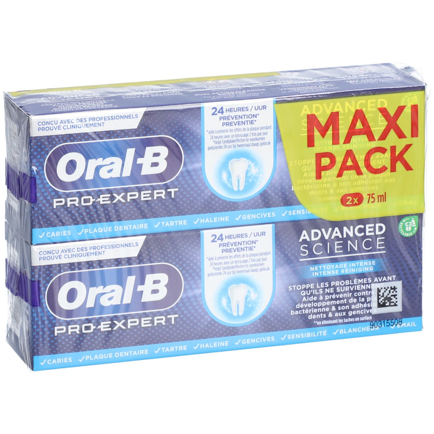 Emballage de dentifrice. Contient deux tubes. Nom et logo du produit visibles. Impression "Maxi Pack". Emballé dans du film plastique.