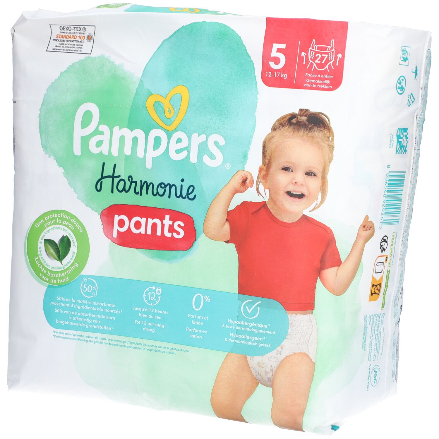 PAMPERS HARMONIE PANTS -  Couche-culotte à enfiler. Taille 5, 12 kg à 17 kg - sac 27